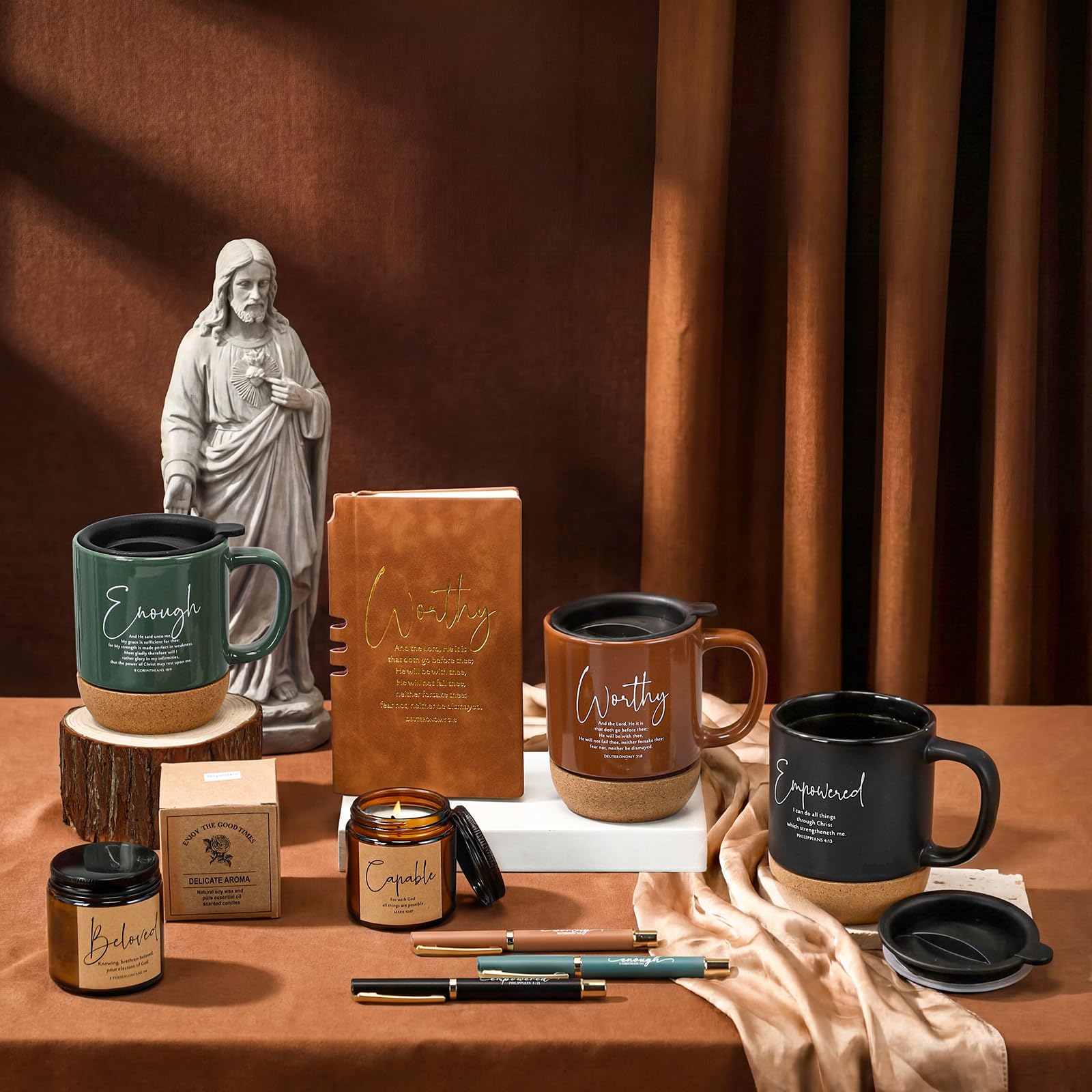 FillTouch 6-teiliges Set christliche Geschenke, 425 ml, Keramik-Bibelversen, Kaffeetasse, A6, Leder-Tagebuch mit Stift und Duftkerze, inspirierendes, religiöses Geschenk für Frauen, Männer
