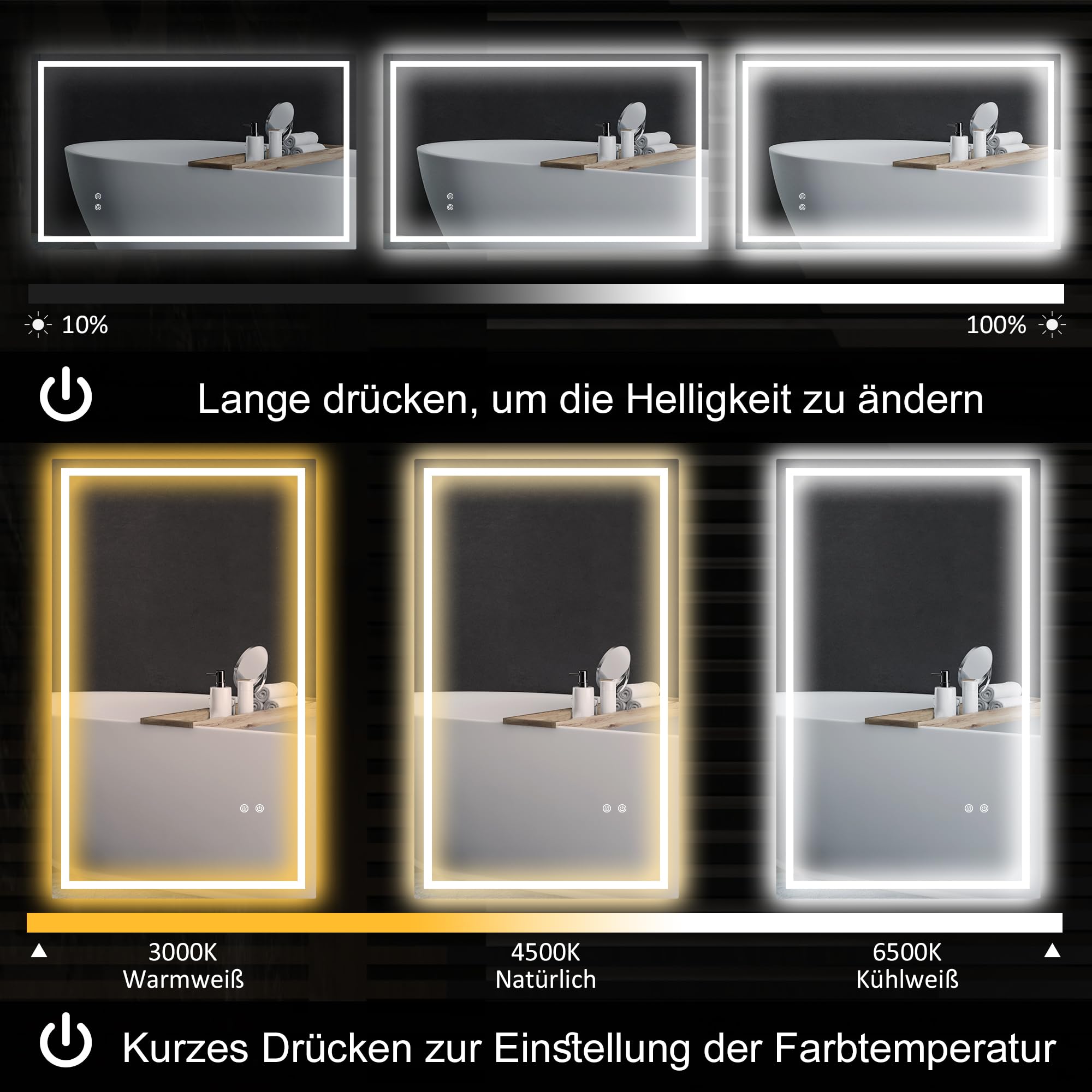 HOMCOM Badspiegel mit Beleuchtung 100x60 cm LED Spiegel mit Vor- und Hinter Beleuchtung Wandspiegel mit Touchschalter Lichtspiegel Beschlagfrei mit 3 Lichtfarben Silber