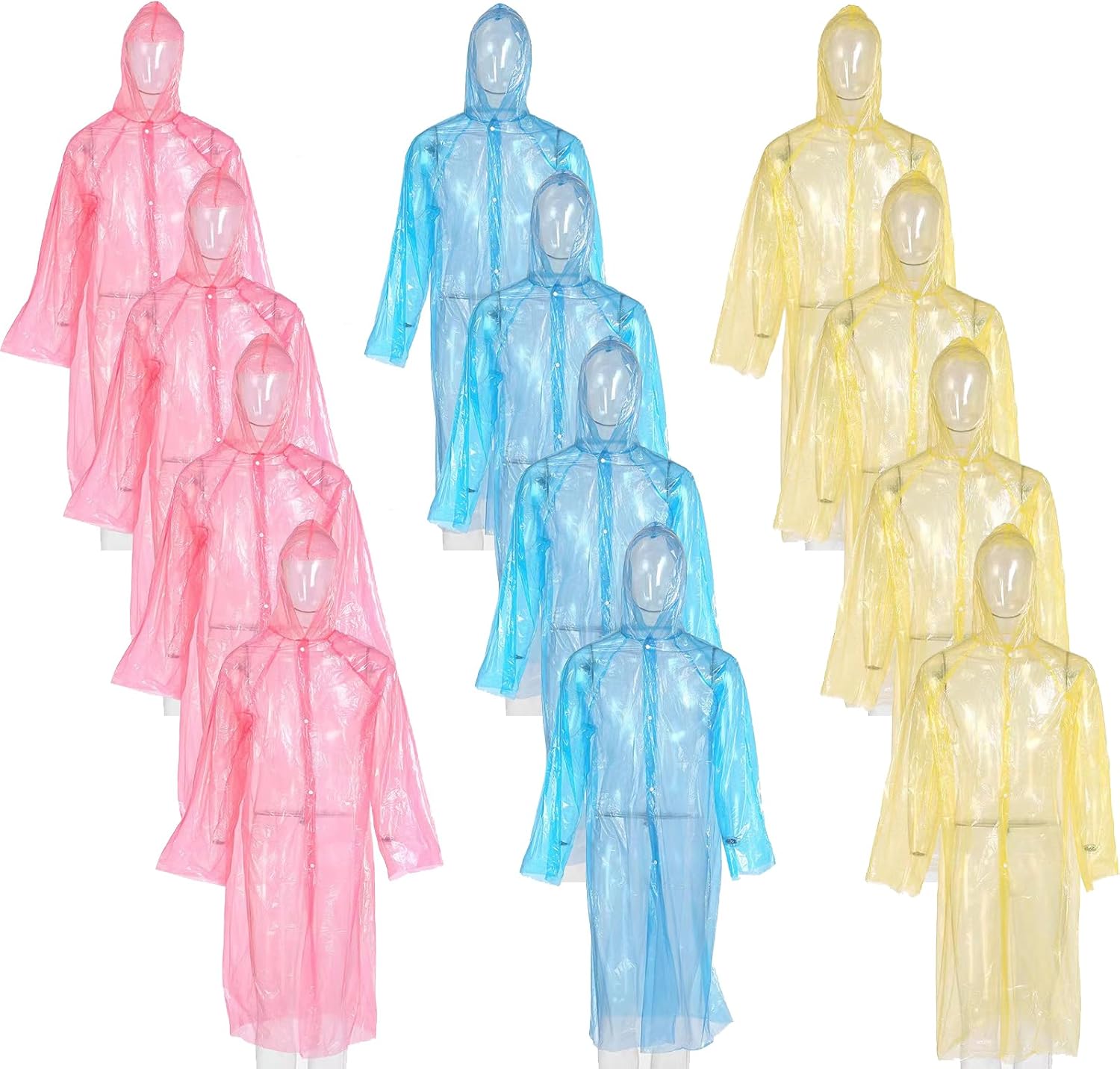 AYWVRBST 12 Pack Rain Ponchos with Hood for Adults, Portable 51.1 Inches Emergency Raincoats for Camping Hiking Traveling (Red+ Yellow+ Blue)