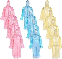 Vista 1 de Paquete de 12 ponchos de lluvia transparentes con capucha para adultos, familia, 3 colores, impermeables de emergencia de 51.1 pulgadas