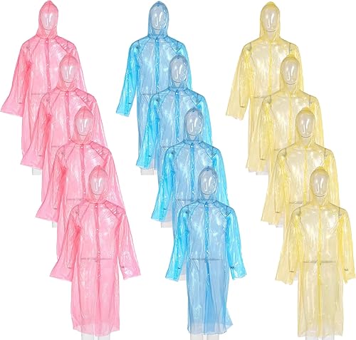XK.Thrive Paquete de 12 ponchos desechables transparentes con capucha para adultos, familia, mujeres, hombres, 3 colores de 51.1 pulgadas,