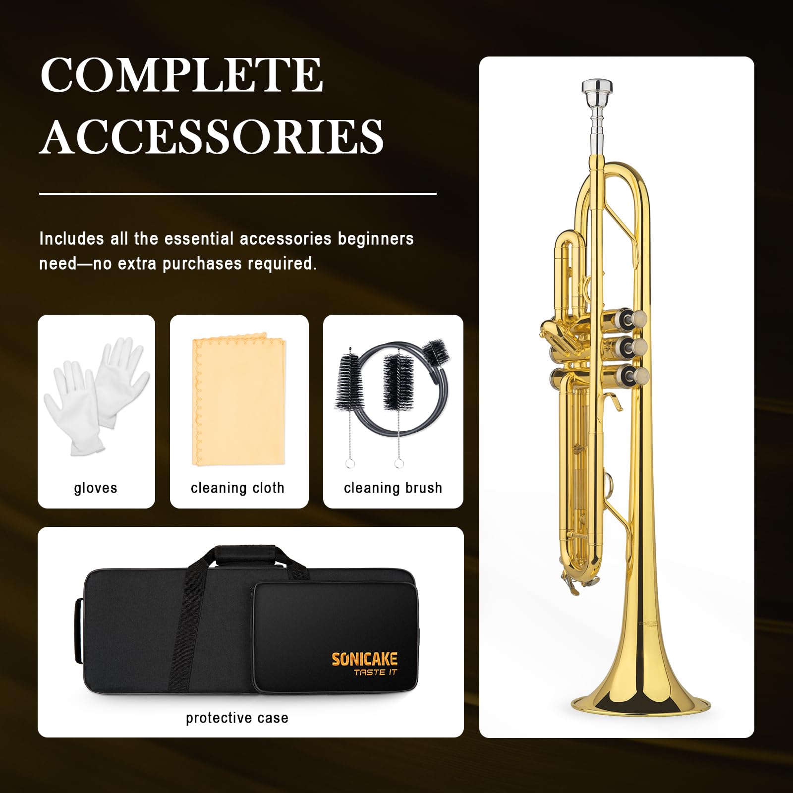 SONICAKE Trompette Bb Standard pour Débutants, Trompette Étudiante en Laiton Doré avec Étui Rigide, Embouchure 7C, Gants QTP-01