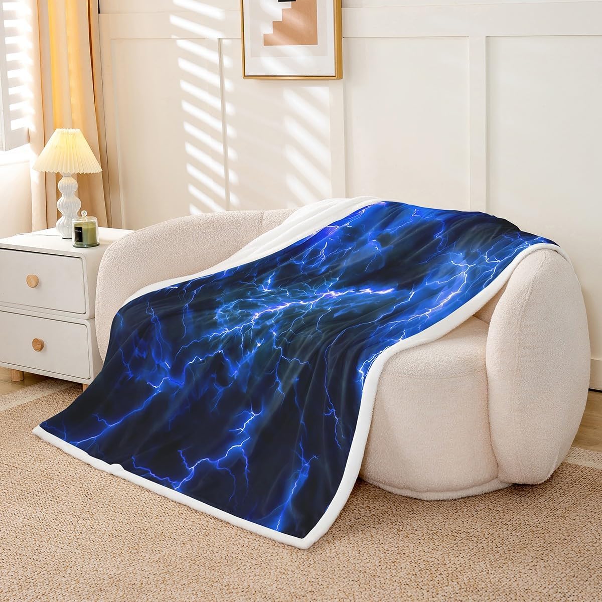 Manfei Blue Lightning Kids Throw Blanket,Light Natural Disaster Rustic Bed Blanket for Girls Boys,Modern Abstract Nature Black Chic Fuzzy Blanket,Twin Size (60 x 80 Inches)