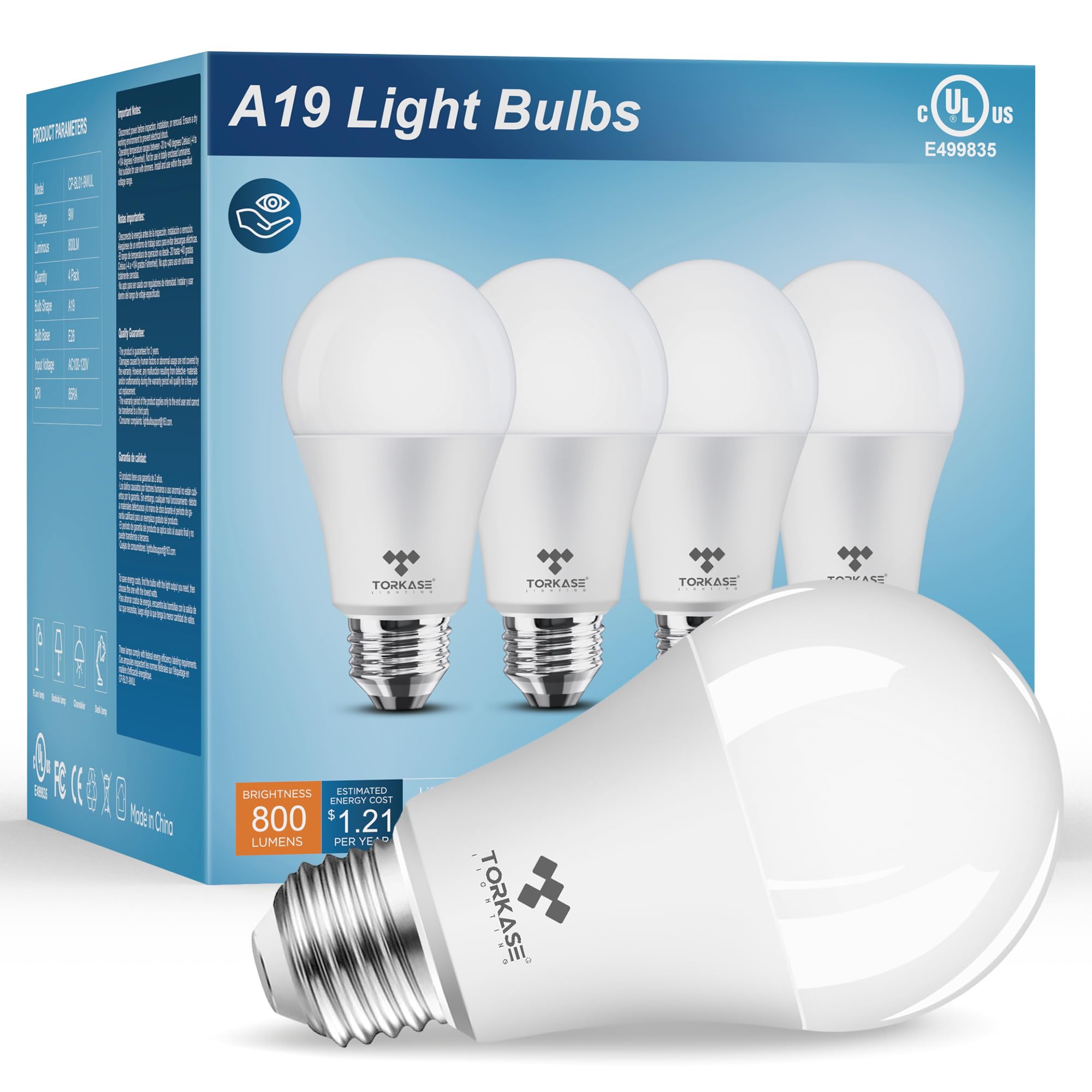 Torkase A19 LED Light Bulb, 100W Equivalent, 13W 5000K Daylight White LED Bulbs, 1500 Lumens Non-Dimmable, E26 Standard Medinum Base, 85% Energy