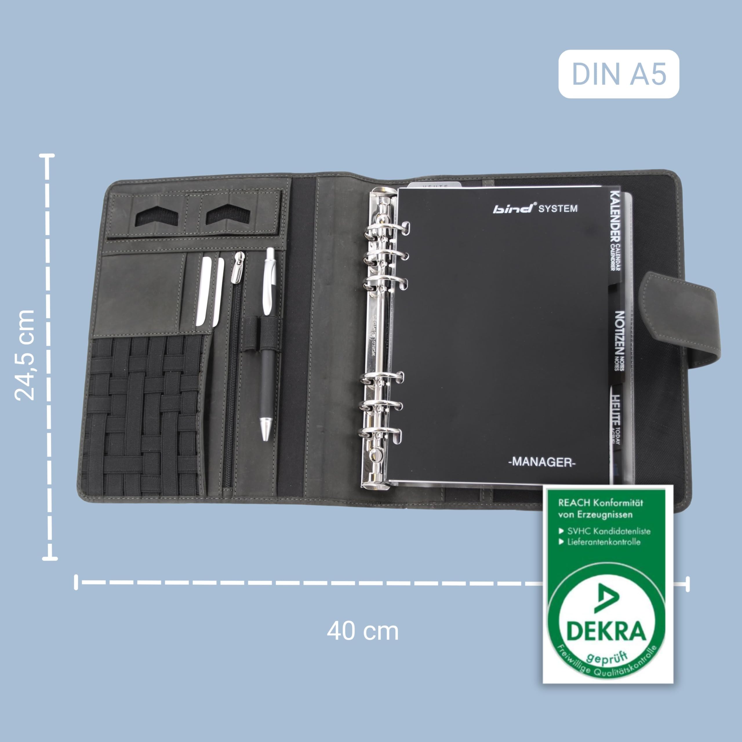 Bind 15505 - Systemplaner A5, Timeplaner aus Leder, Managerplaner in grau, Terminplaner mit Systemeinlage Manager, Kalender 1 Woche = 2 Seiten, Planer mit Magnetverschluss ca. 24,5 x 20 cm, braun