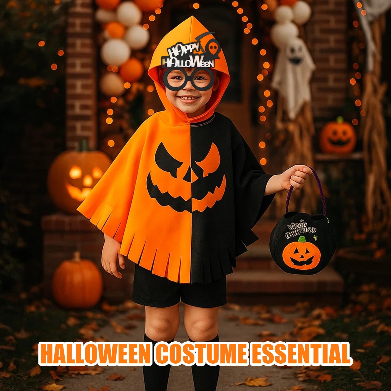 Pumpkin Costume Kids,Halloween Costumes for Kids,4 Set Include Pumpkin Cloak Socks Glasses and Bags,Girls Boys Costume for Carnival for 14+ Years Old - Image 4
