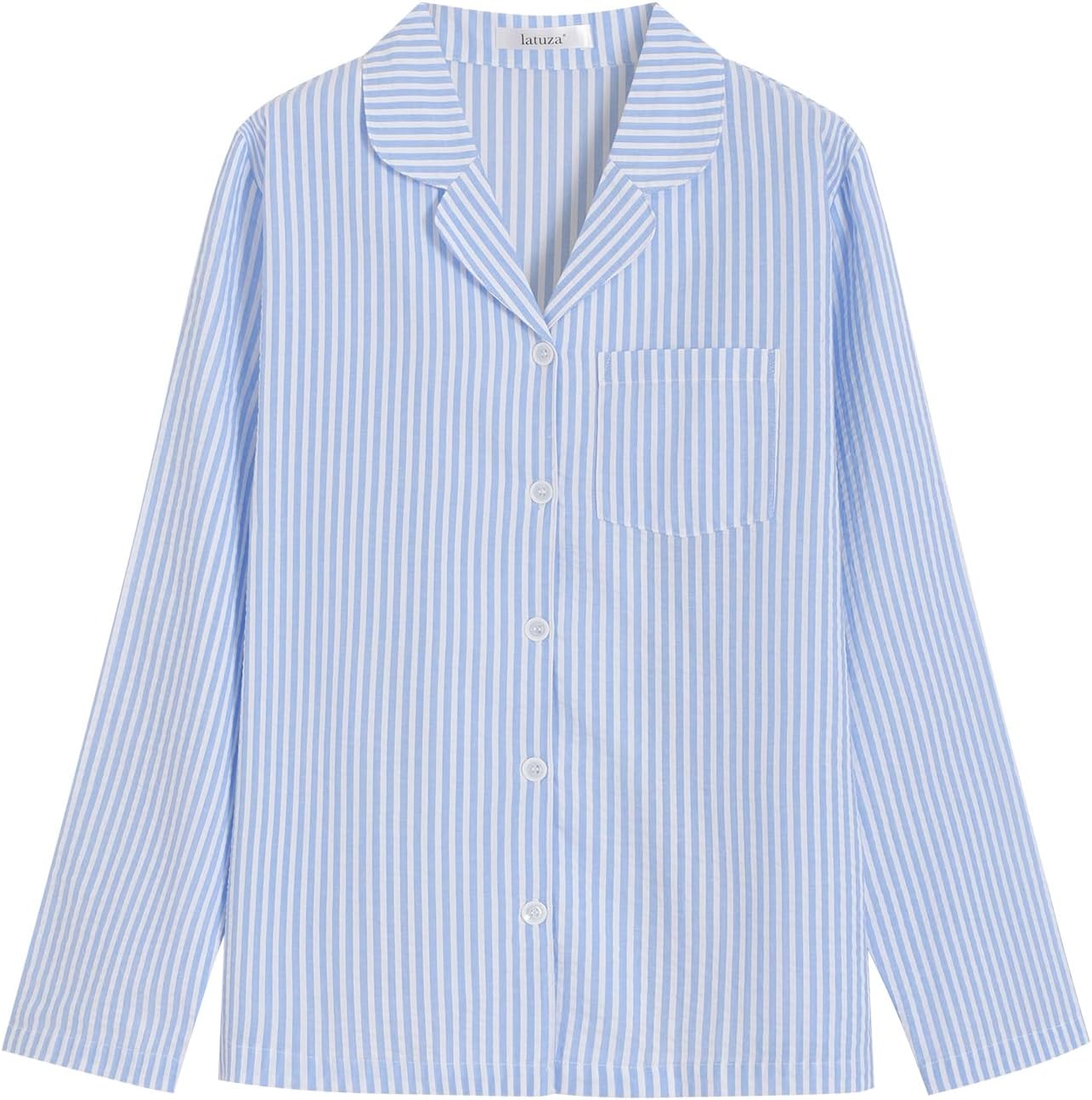 Latuza Women's Cotton Long Sleeve Pajama Set Seersucker Button Down Pj Set Small Petite Blue Stripe