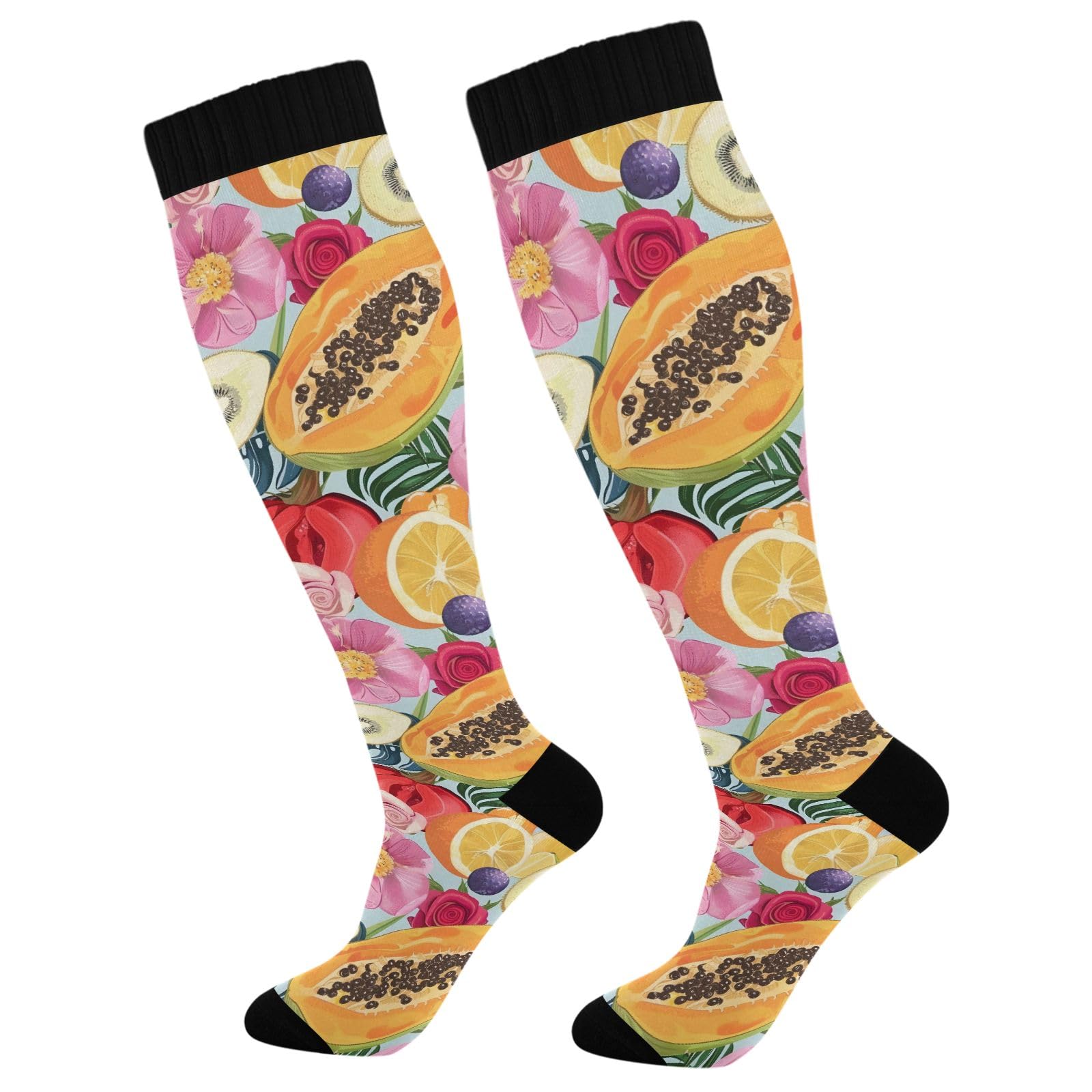 ALAZA Athletic Compression Socks Knee High Socks Stockings for Women Pawpaw Fruits Flower Running Circulation Sport Football