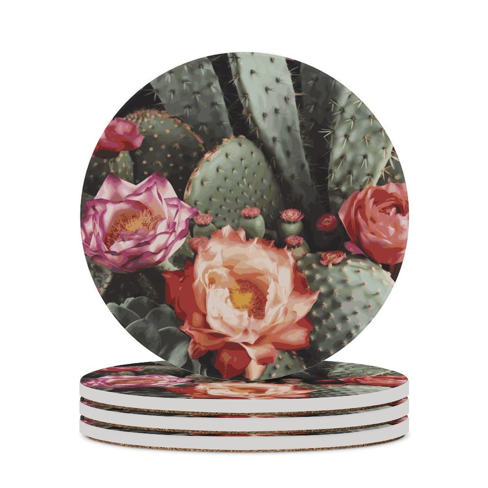 Khauerbc Style Roses Flowers And Cactus Drink Coasters With Holder For Coffee Table,Ceramic Coaster With Cork Base,Ceramic Stone Coaster For Iced Cold Or Hot Drinks,4.1 Inches