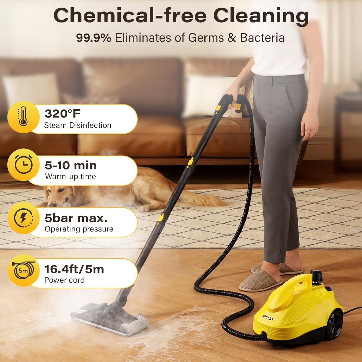 Steam Cleaner For Home, Steam Mop with 23 Accessories, Powerful Multipurpose Steamer for Cleaning to Remove Grime, Grease, 16.4ft Power Cord, Grout, Floor. Sofas, Upholstery Yellow