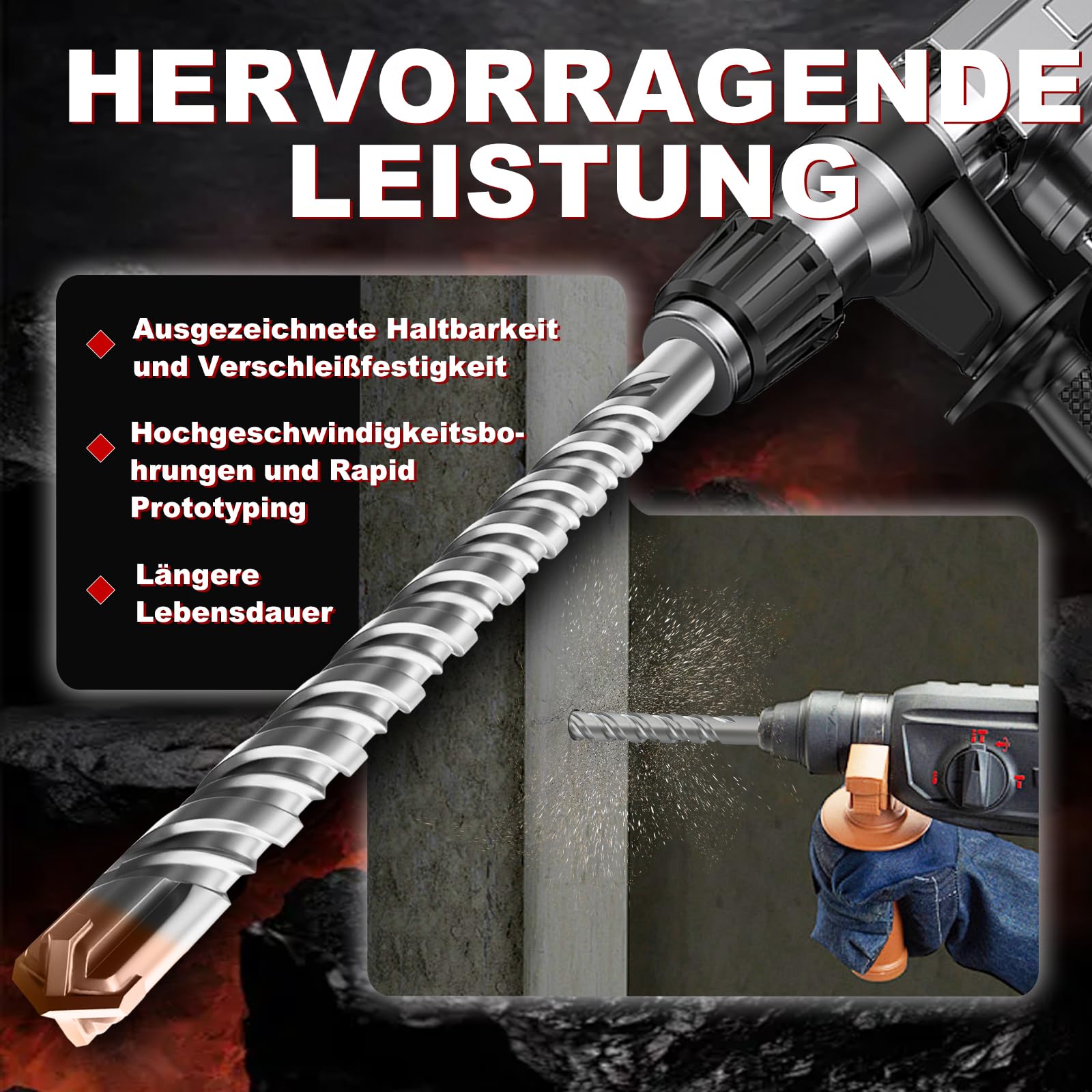 Punta per trapano SDS Plus 10mm x 460mm, 4 lame in metallo duro, testa rivestita, per cemento armato, pietra, calcestruzzo, muratura
