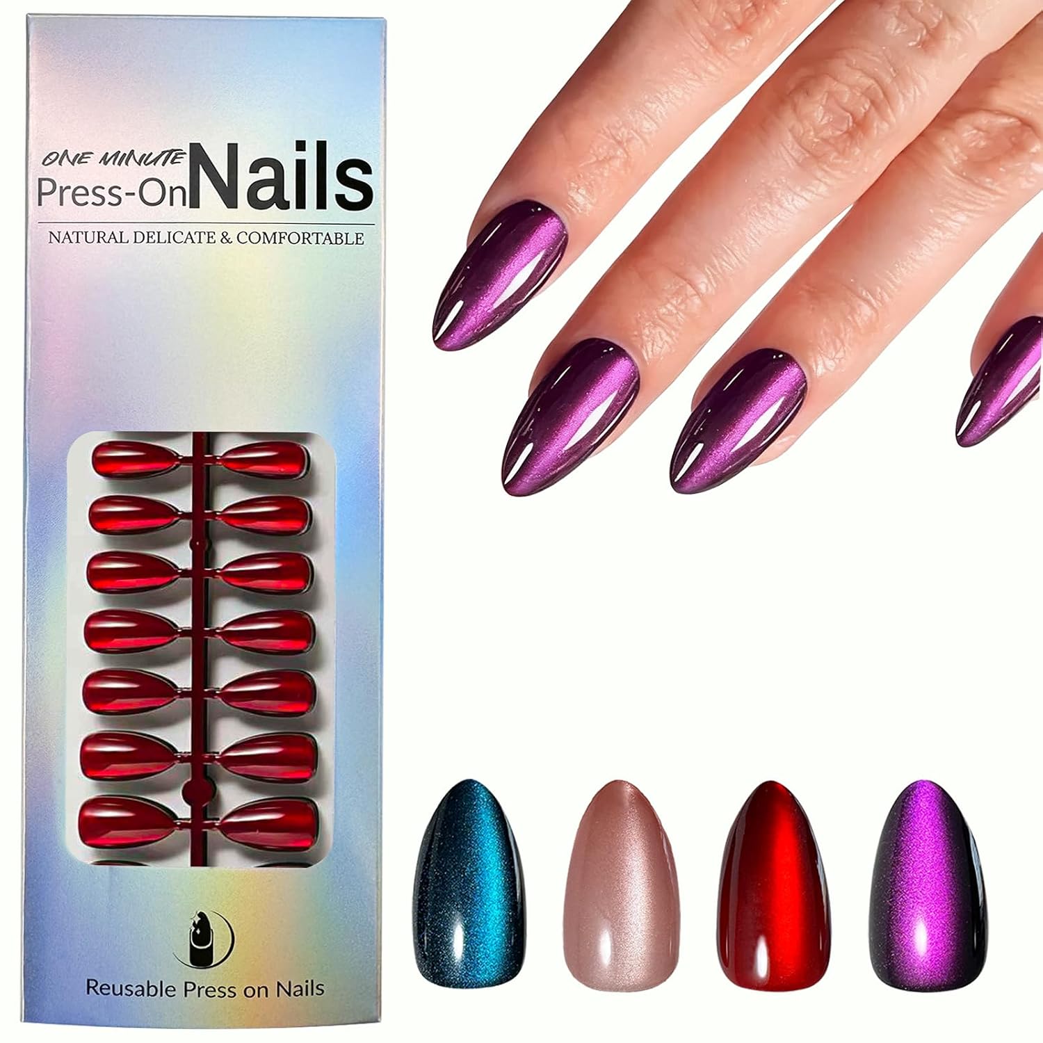 150Pcs Cat Eye Press on Nails Medium Almond Fake Nails Red Purple Pink Blue Glossy Glitter Cat Eye Nail Tips Soft Gel Glue on Nails Full Cover Shiny Acrylic Stick on Nails for Women Girls 15 Sizes