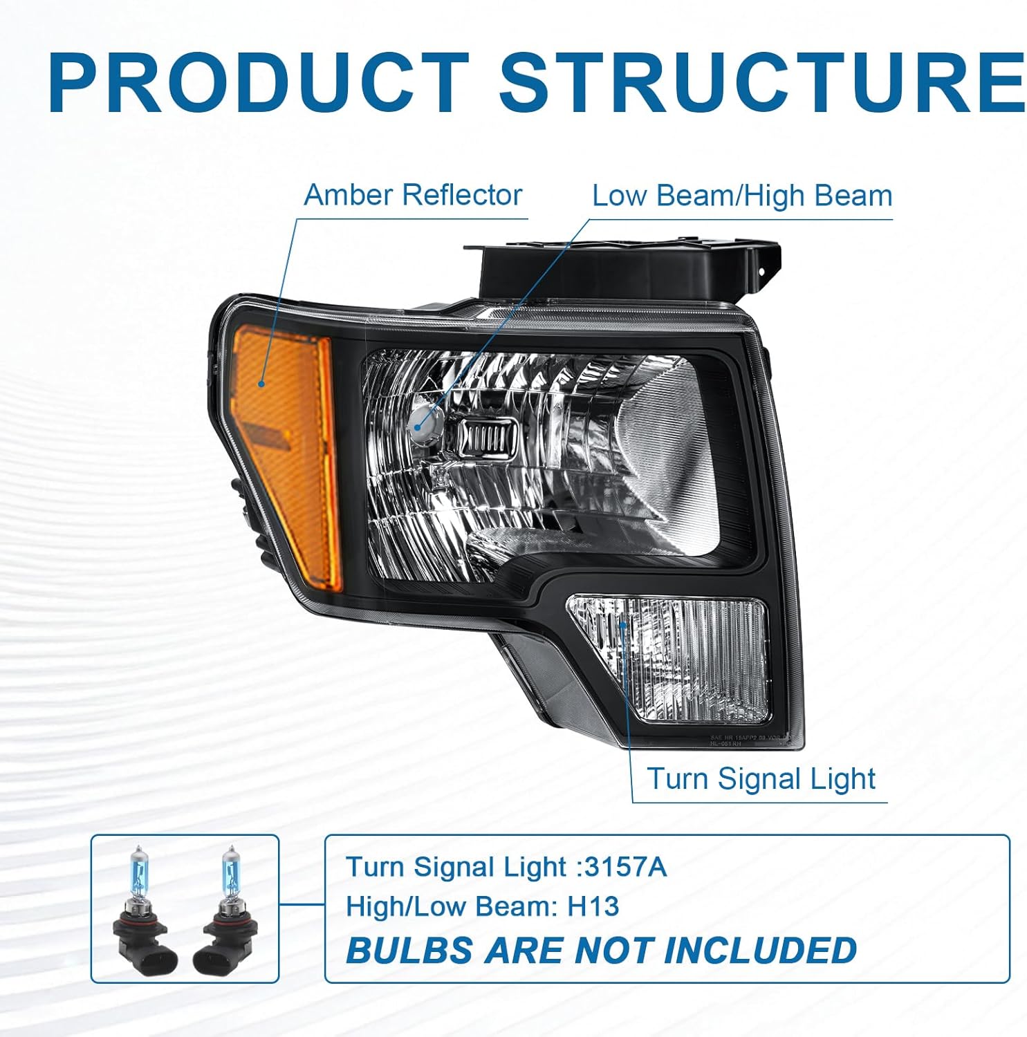 Headlights for 2009-2014 Ford F150 Pickup F-150 2010 2011 2012 2013 Amber Reflector Black Housing