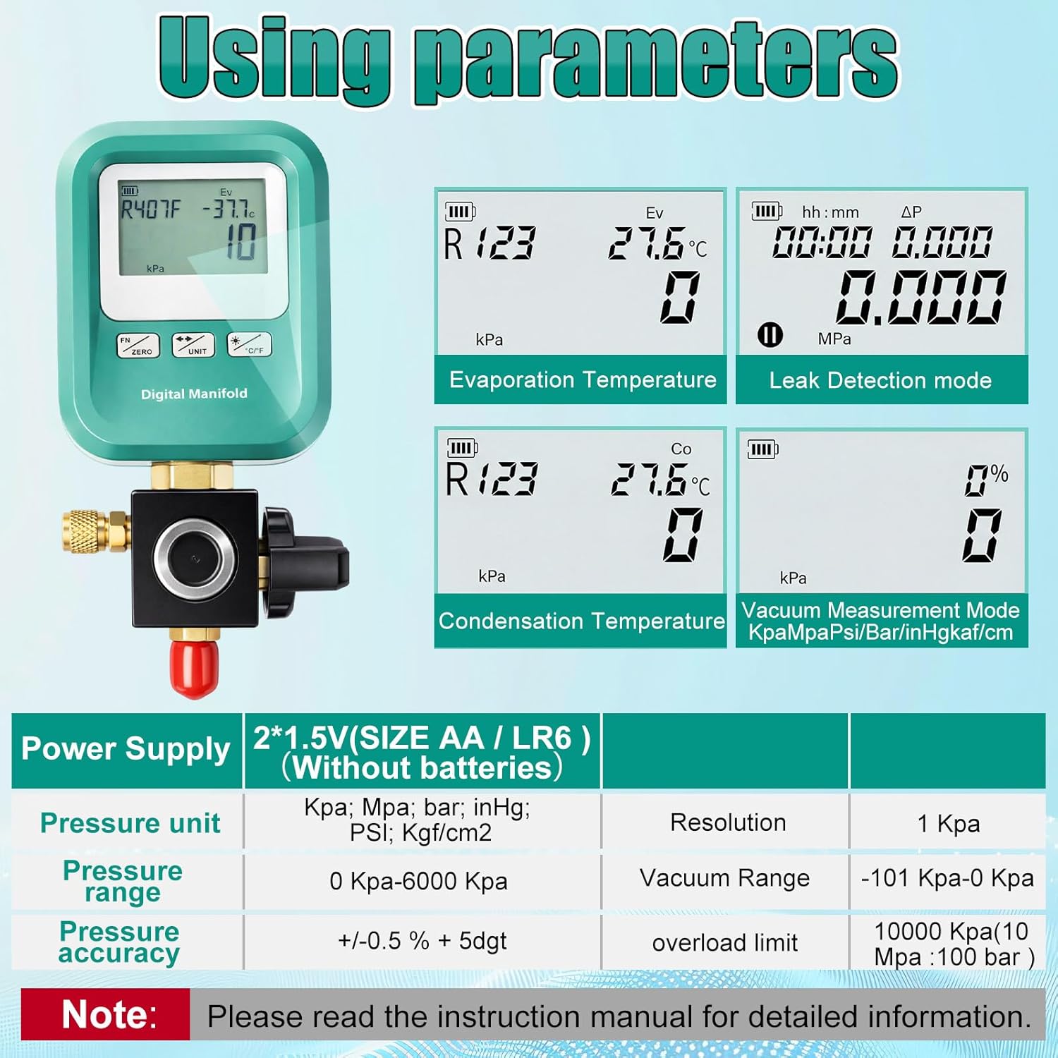 4 Pcs HVAC Digital Manifold Vacuum Gauge Refrigerant Charging, Vacuum Testing and Leak Detection with 1/4"-5/16" Port Valve Core Remover Installer Tool 1/4" SAE Connector and T-Connector