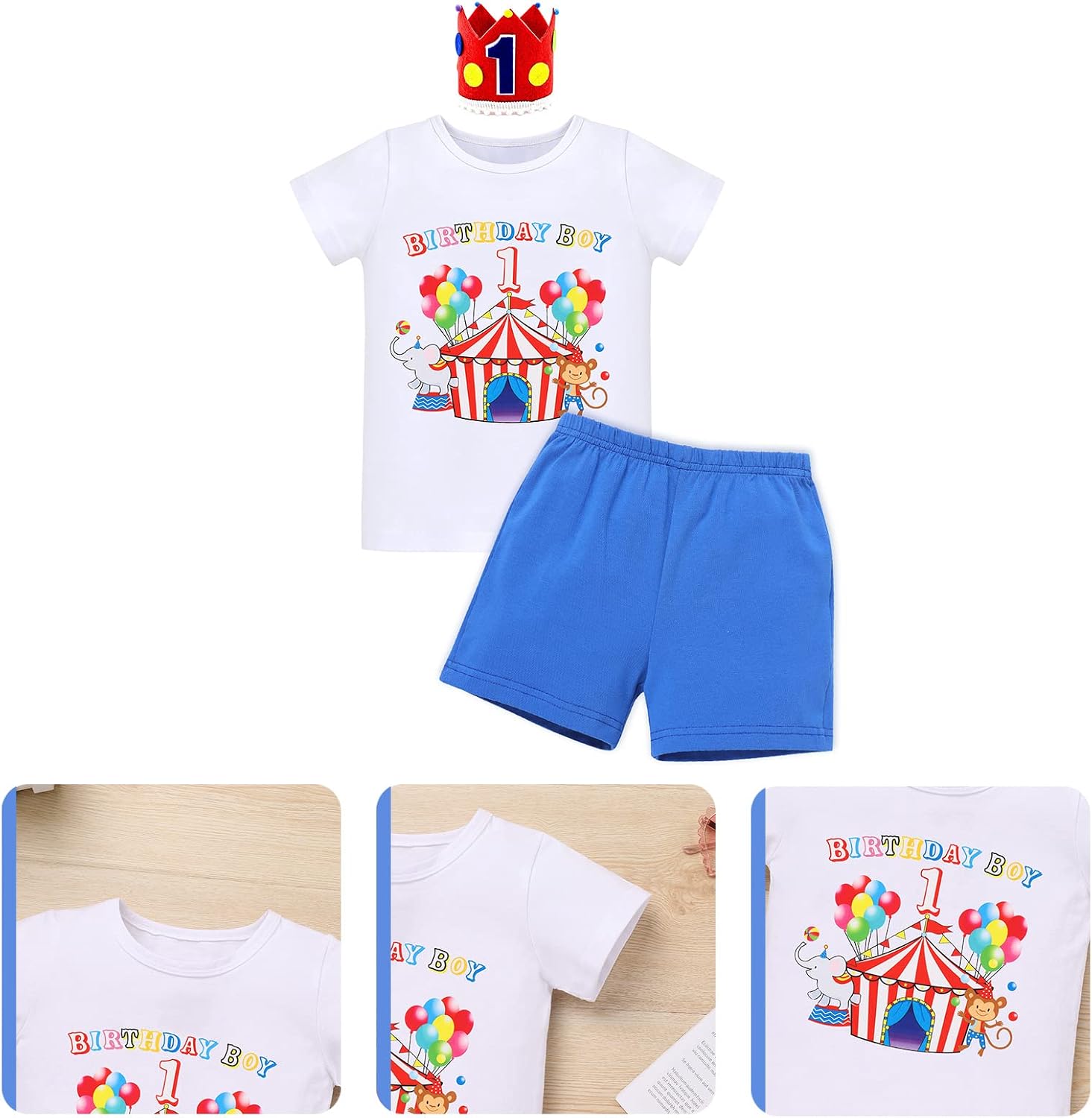 IBTOM CASTLE Baby Boys 1st Birthday Outfit Jungle Safari & Space & Farm Top Shirt Shorts Crown 3PCS Cake Smash Clothes Set