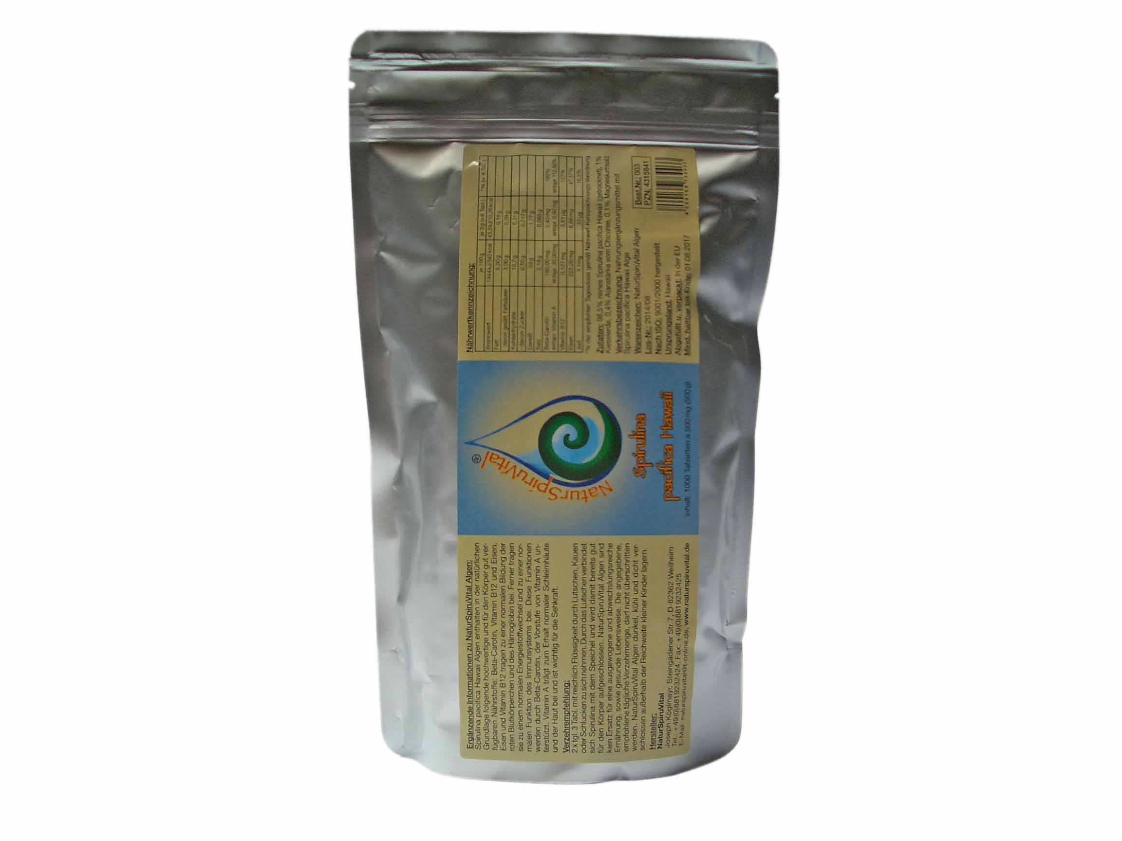Spirulina Algen aus Hawaii 1000 Presslinge a 500mg im Nachfüllbeutel, Vegan, Rohkost, das Original direkt aus Hawaii, schadstoffgeprüft.