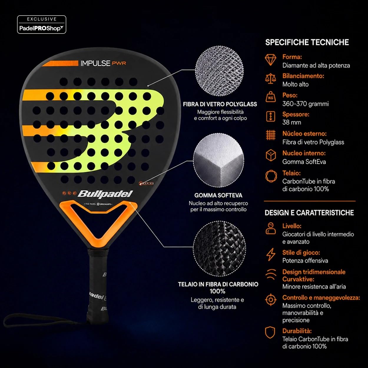 Bullpadel Impulse PWR 2026 (Esclusiva PadelPROShop) - Racchetta da padel potente, forma a diamante e bilanciamento elevato - Anima in SoftEva e fibra di vetro