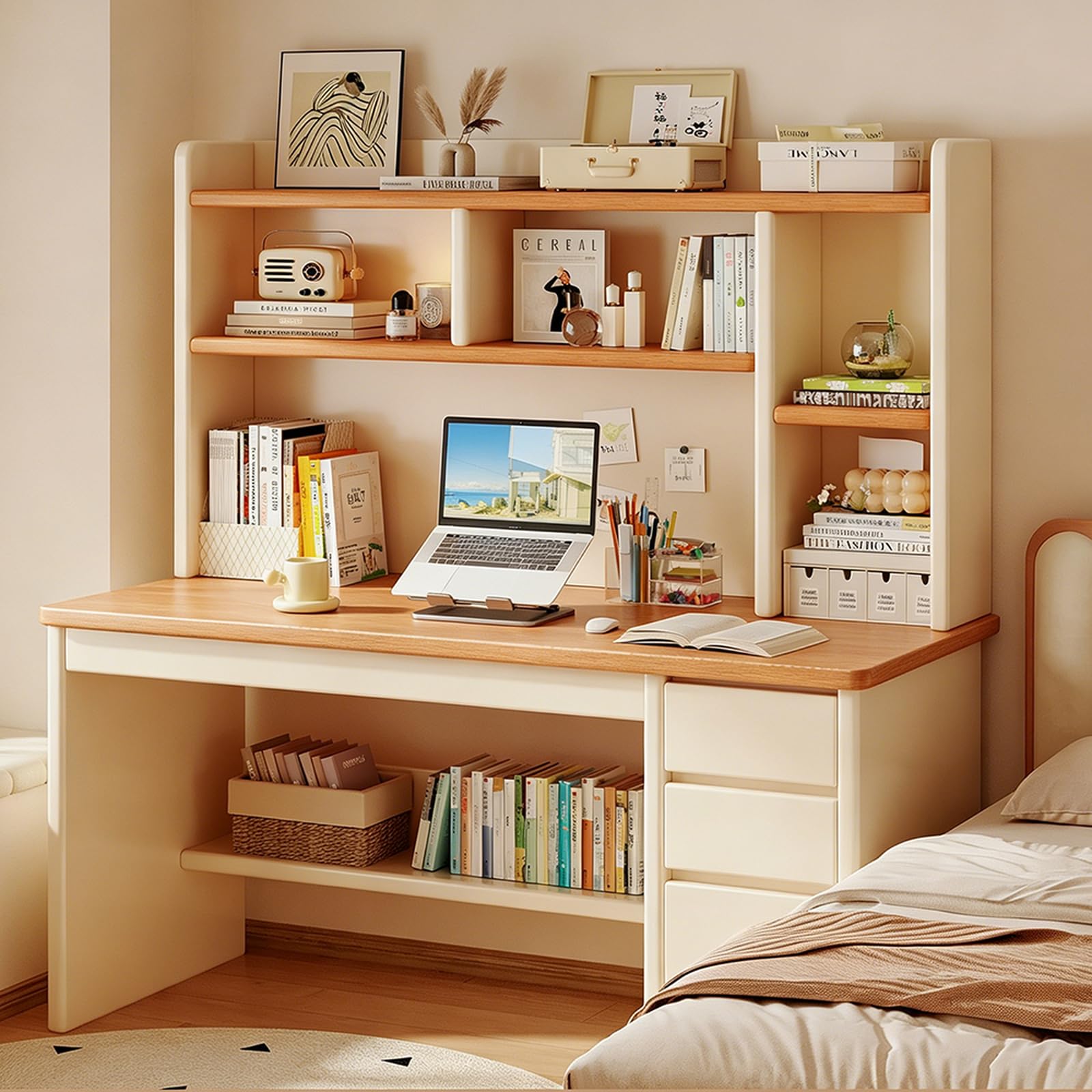 Mescxty A Wooden Computer Desk,Student Learning Table With Drawers,Hutch, Filing Cabinet,Compartment,External Shelving,Writing Desk Workstation For Home Office(100X50x134.5cm(39X20x53inch), )