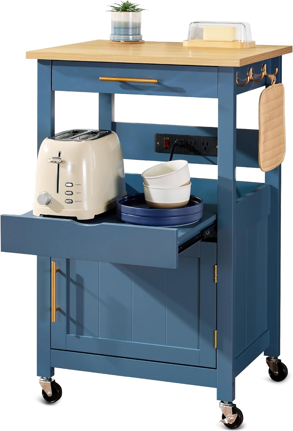 Slate Blue Engineered Wood Kitchen Cart with Storage and Wheels