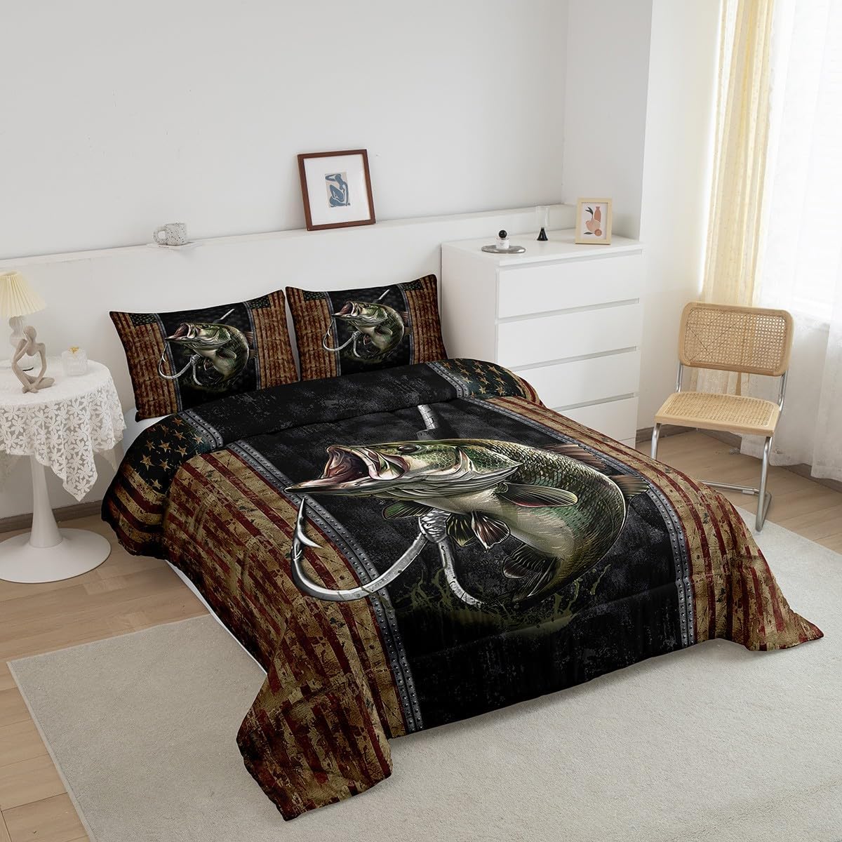 Feelyou Bass Fish Comforter Set Queen Size Cabin Fishing Pike Fish Comforter for Boys Girls Teens Vinatge American Flag Bedding Set Fisherman Duvet Set Room Decor Quilt Set