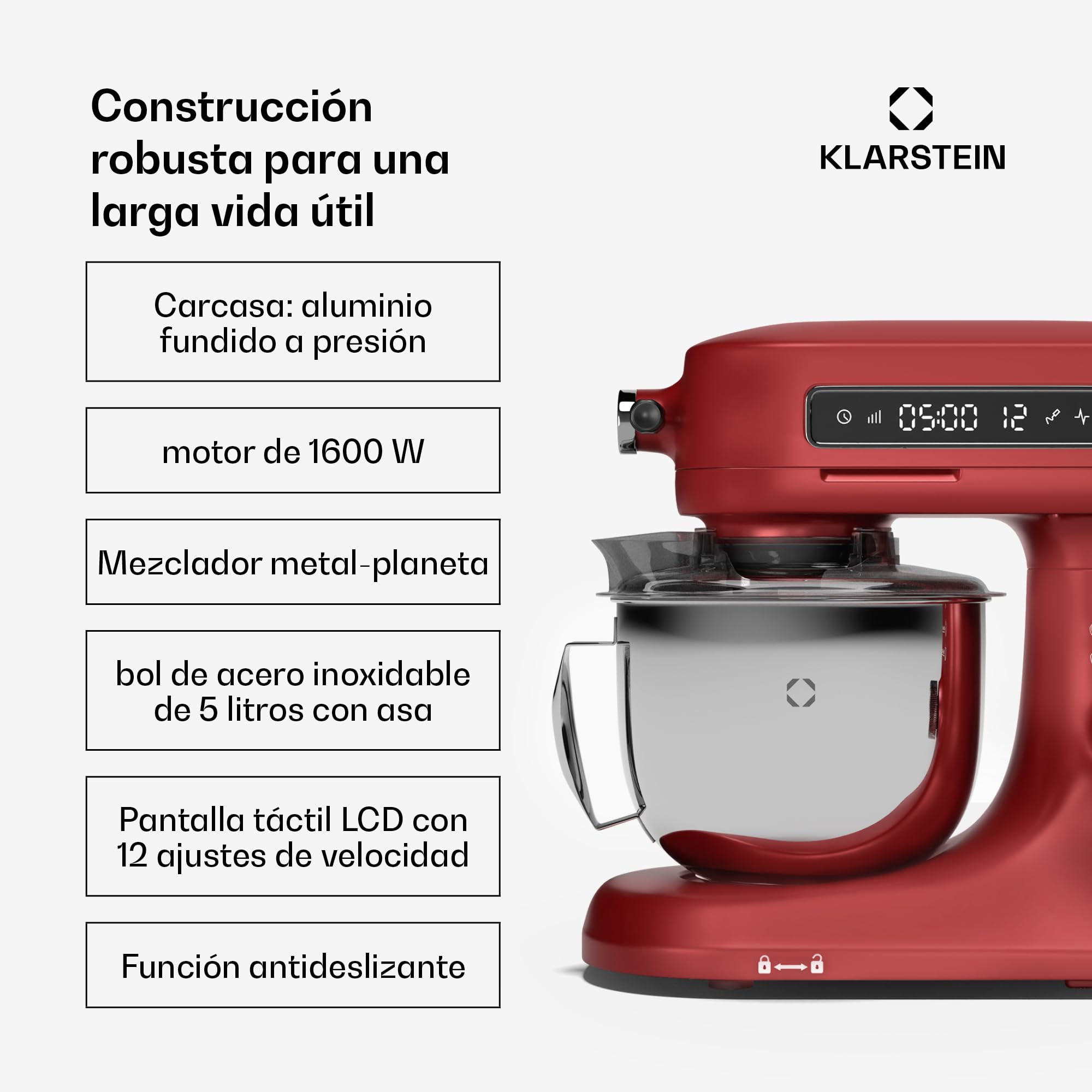 Klarstein Chiara Robot de Cocina 1600W – Bol 5L Acero Inoxidable, 12 Velocidades, Pantalla Táctil LCD, Silencioso ≤72dB, Accesorios Apto Lavavajillas, Carcasa de Aluminio Fundido, Rojo