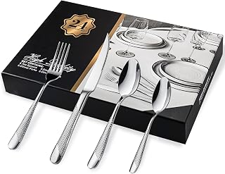 Cutlery Set, 24 Piece Knife and Fork Sets, Stainless Steel Tableware Set with Hammered Pattern Design, Silverware Flatware Set Included Forks/Knives/Spoons, Service for 6, Gift Box