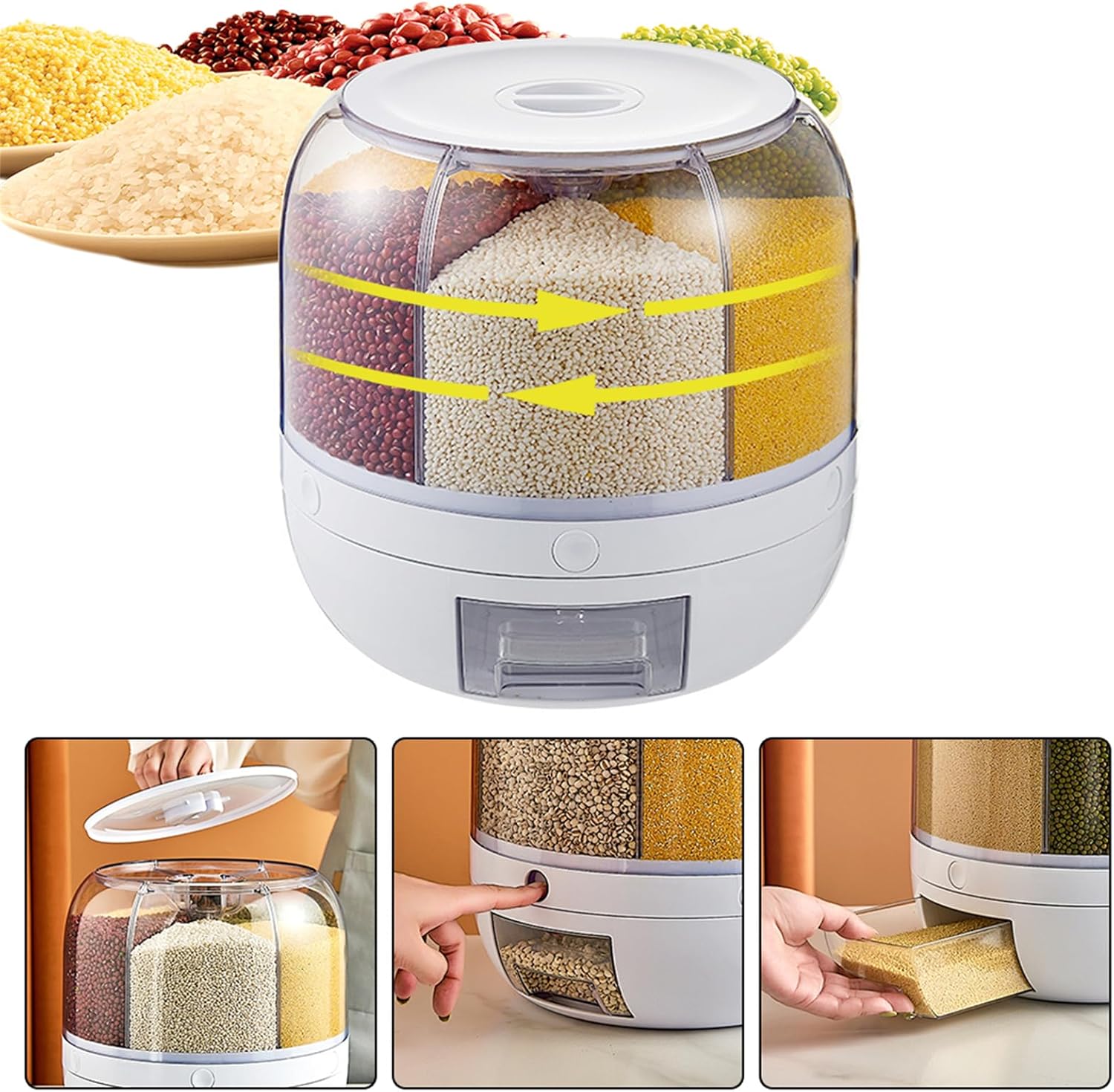 Rice Container, 360° Rotating Dry Food Dispenser - 6 Grid Kitchen Grain Organizer with Lid, Moisture Resistant for Rice, Grain, Millet - Airtight Storage, 22Lbs Capacity - Household Organizer
