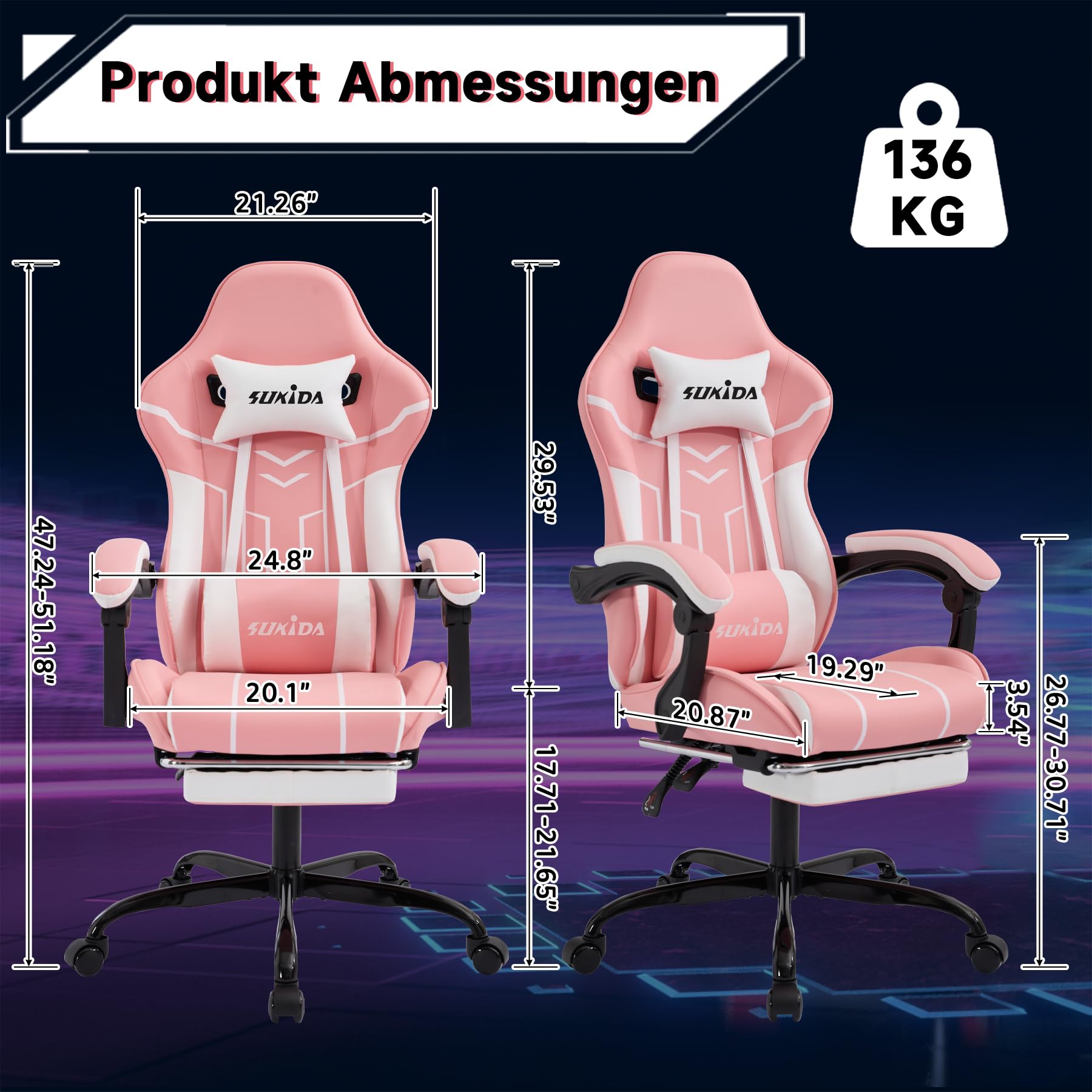 SUKIDA krzesło do gier komputerowych Ergonomiczny fotel do gier z podnóżkiem Biurowy fotel komputerowy Ergonomiczny fotel komputerowy z podparciem lędźwiowym Różowo-biały