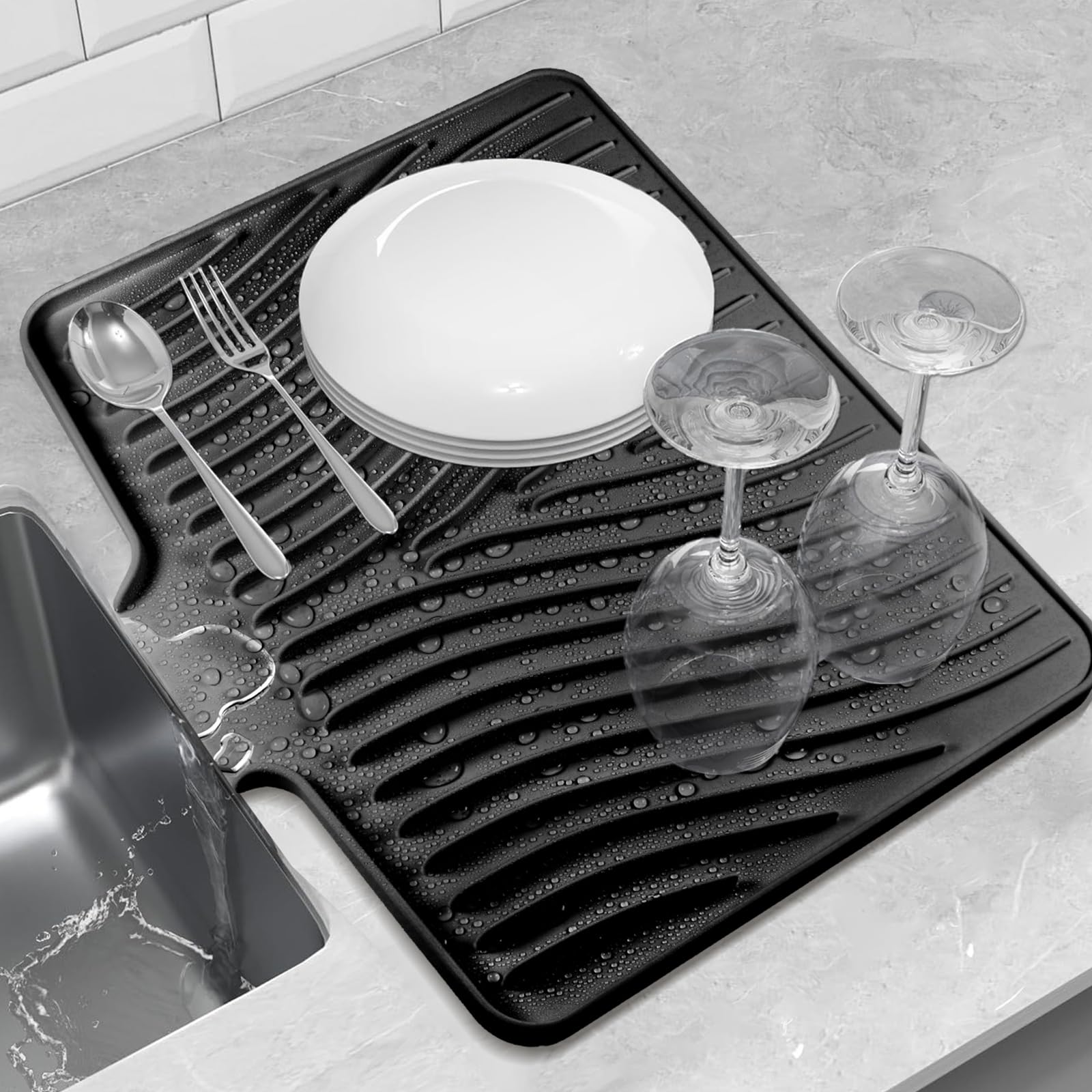 RoseFlower Draining Board Mats for Kitchen Counter, Silicone Dish Drying Mat for Kitchen, for Draining Sink, Silicone Dish Drying Mat, Used with Dish Drying Rack (15.8" x 13", Black)