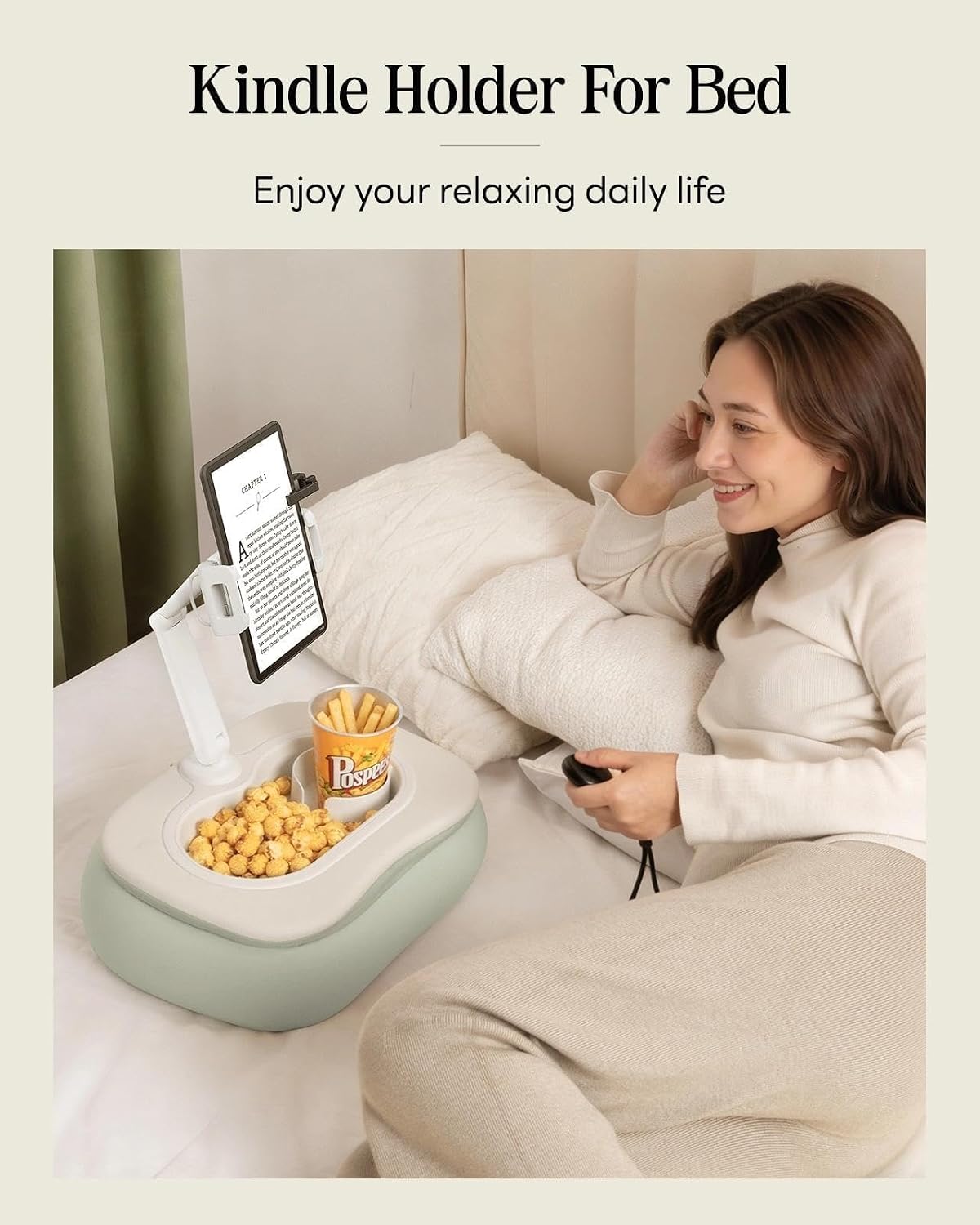 SAIJI Tablet Pillow Stand for Bed, Stable iPad Holder with Food-Grade Snack Bowl, Adjustable Kindle Pillow Stand for Reading, Suit for 4.7-15.6" Kindle,iPad,iPhone,Tablet,Switch, Galaxy, Green