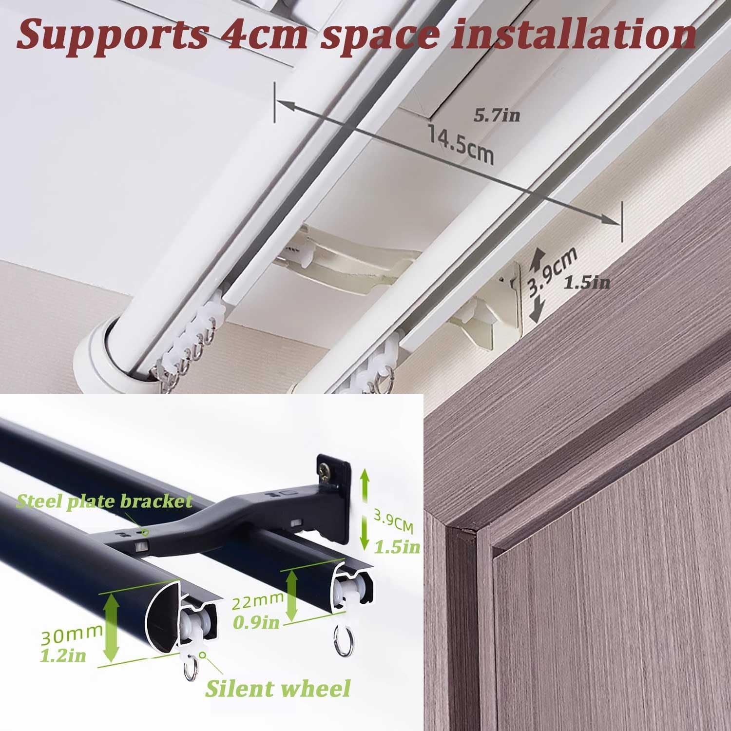 Premium Wall Mount Curtain Track - Black/White Double Rod Set with Silent Rollers, Easy Install Drapery & Room Divider Solution, Durable Aluminum, 1.4m (4.6ft)