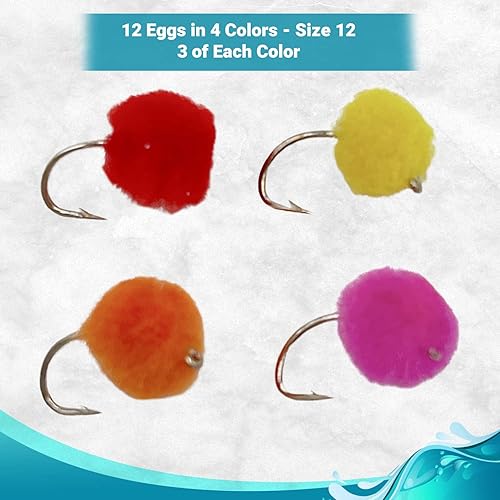 Miniatura 2 de Feeder Creek Moscas de trucha para pesca con mosca, huevos de trucha y salmón en tamaño 12 - Color sólido - Una docena de moscas húmedas para trucha