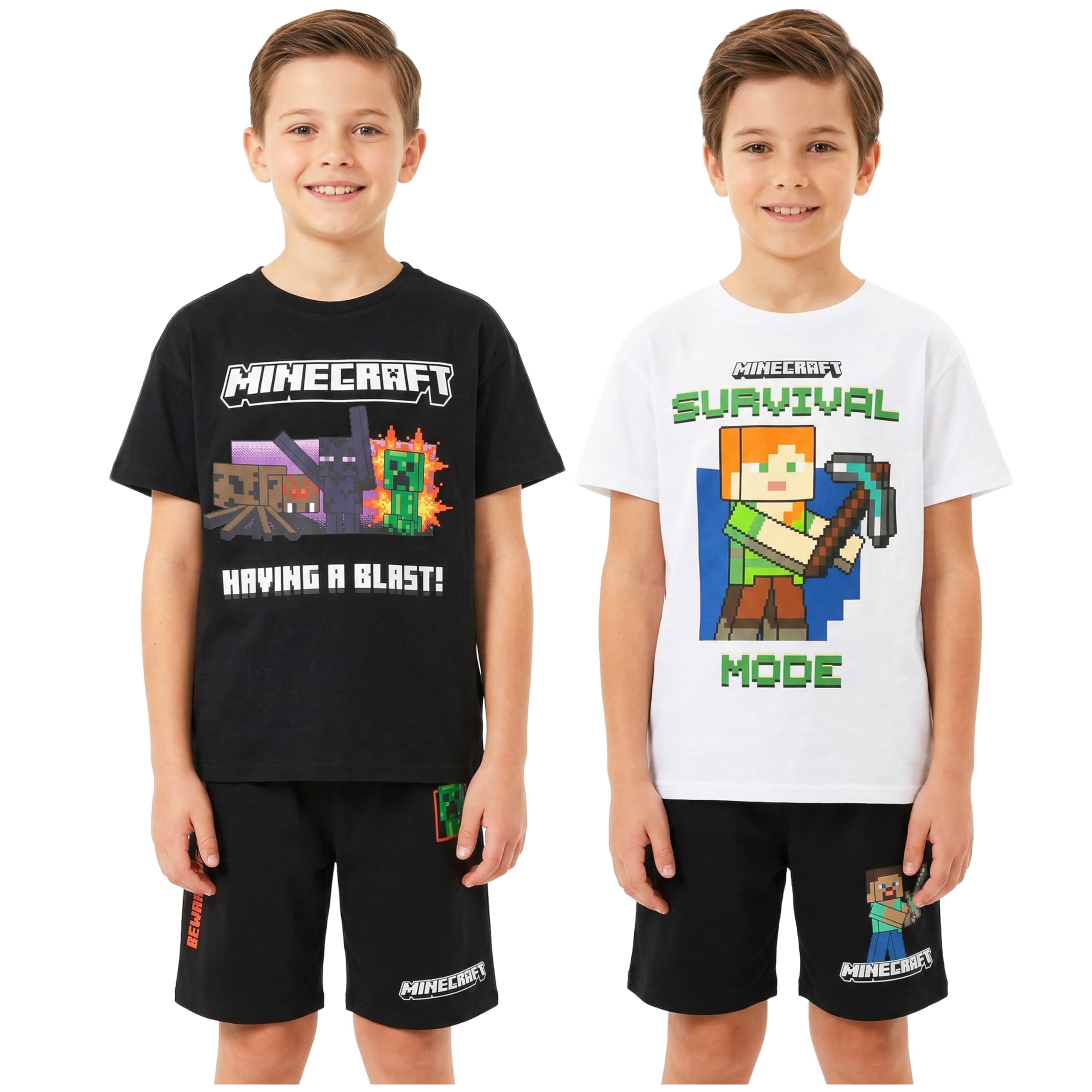 Minecraft Pijama Niño 6-14 Años, Conjunto Corto Creeper, Ropa de Dormir Manga Corta