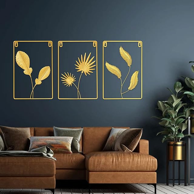 Opaltool Iron Wall Sculptures, 8" X 12" Wall Hanging Decor with Frame, Modern Iron Art Gold Leaves Decorative Wall Hanging Ornaments for Home Bedroom Living Room Office Hotel (Square Type)