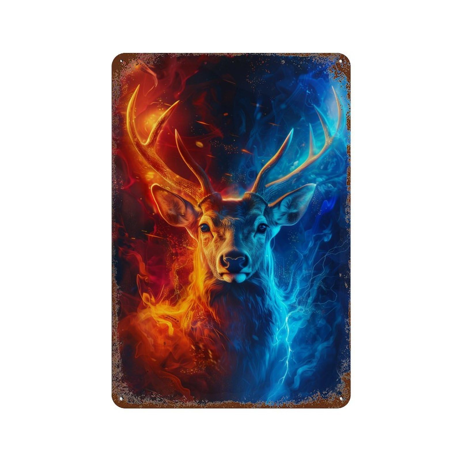 Deer Fire And Ice Art Print Rusty Metal Tin Sign 11.8"x7.9", for Pub, Kitchen And Man Cave Decor, Novelty Wall Decor
