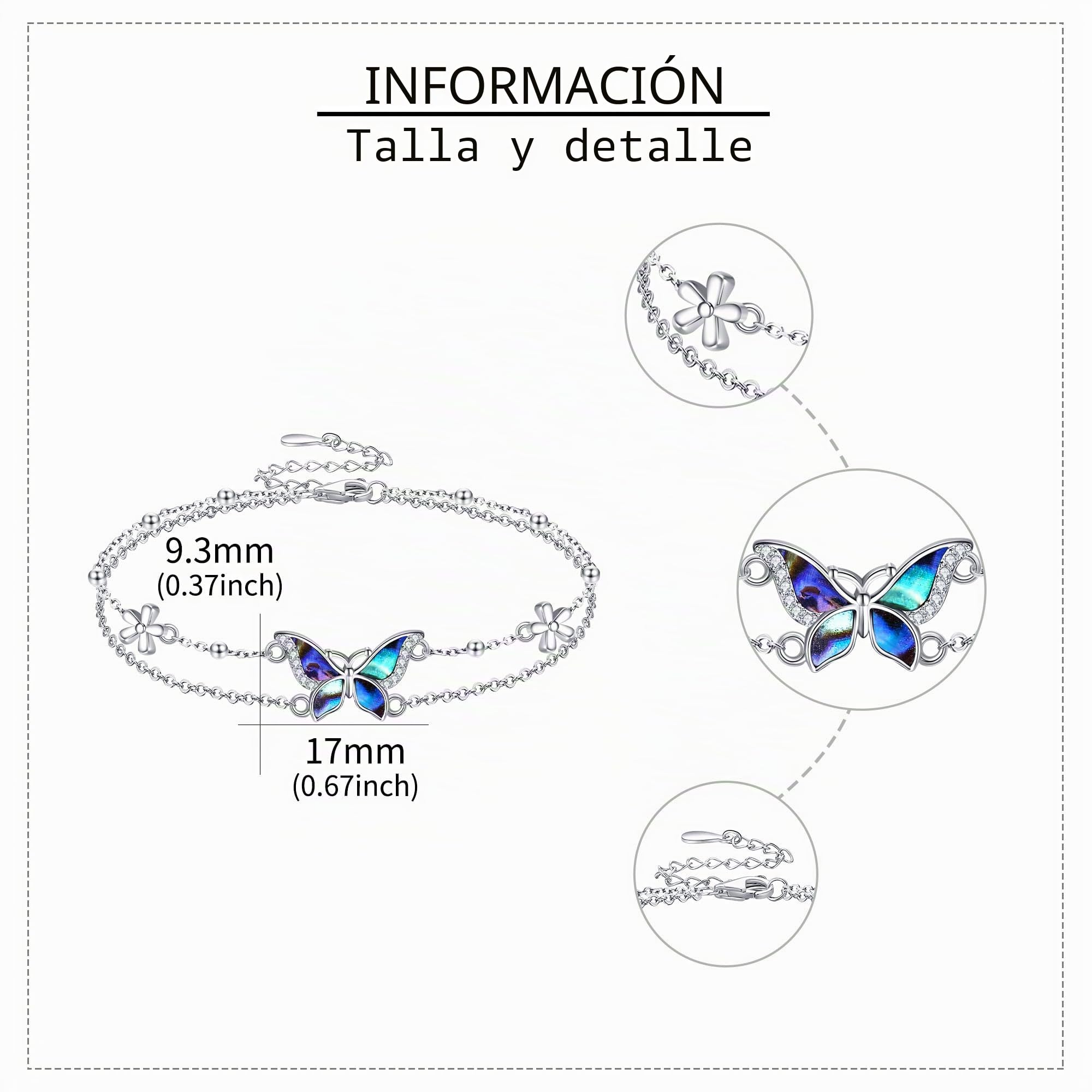 DAYLINLOVE Pulsera de plata de ley 925 con diseño de animales, mariposa, abeja, gato, libélula, mariquita, pavo real, cadena de doble capa, regalo para mujeres y niñas, One Size, Plata de ley, Sin