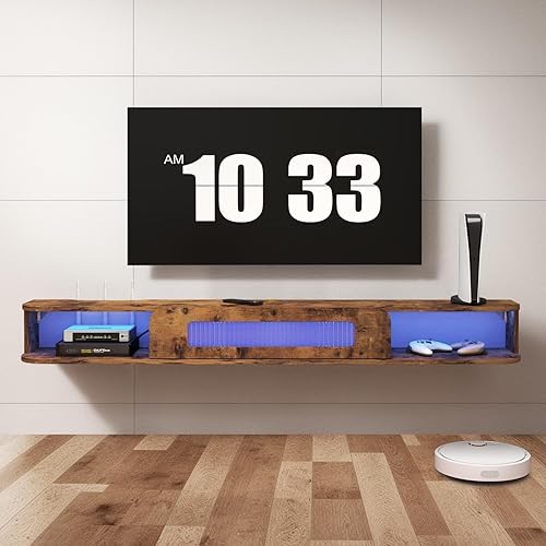 Soporte flotante para TV con luces LED, armario de TV montado en la pared de 47 pulgadas con puerta de vidrio y 2 gabinetes, consola central de