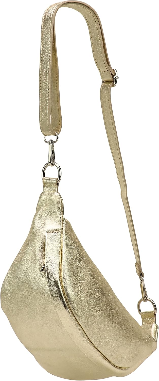 SH Leder Marie G528 Unisex Genuine Leather Waist Bag for Festivals Travel, Medium Crossbody Bag, 32 x 17 cm, Gold, M