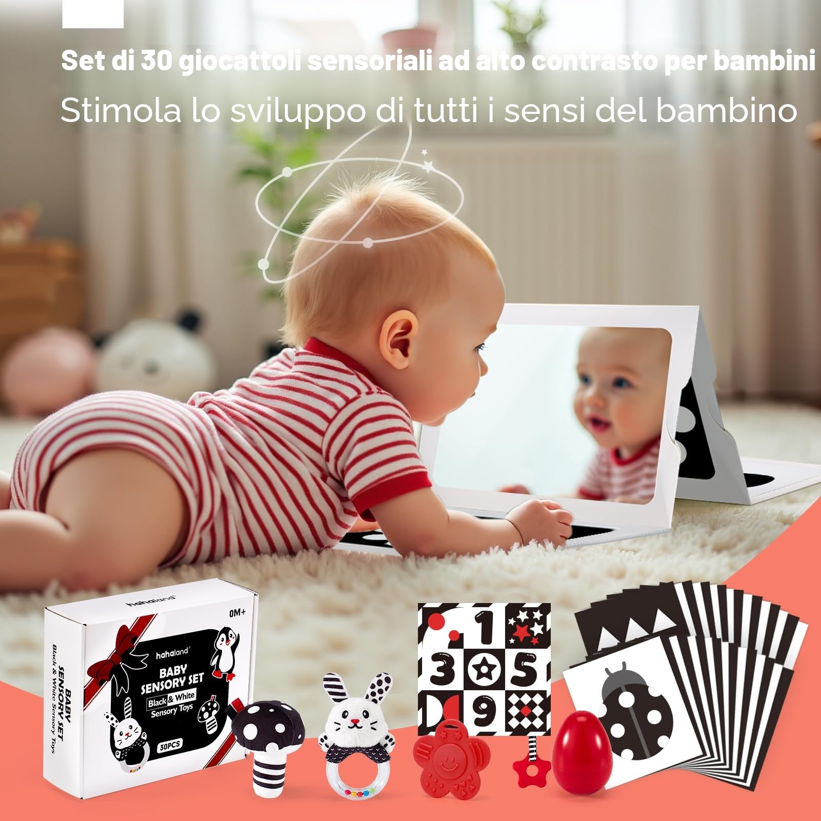 hahaland Giochi Neonato 0-3 Mesi 30 Pezzi - Giochi Bianco e Nero Neonati Sensoriale, Libro/Songlio/Specchio/Peluche Neonata Tummy Time, Regalo Nascita Bimbo per 0 3 6 12 Mesi