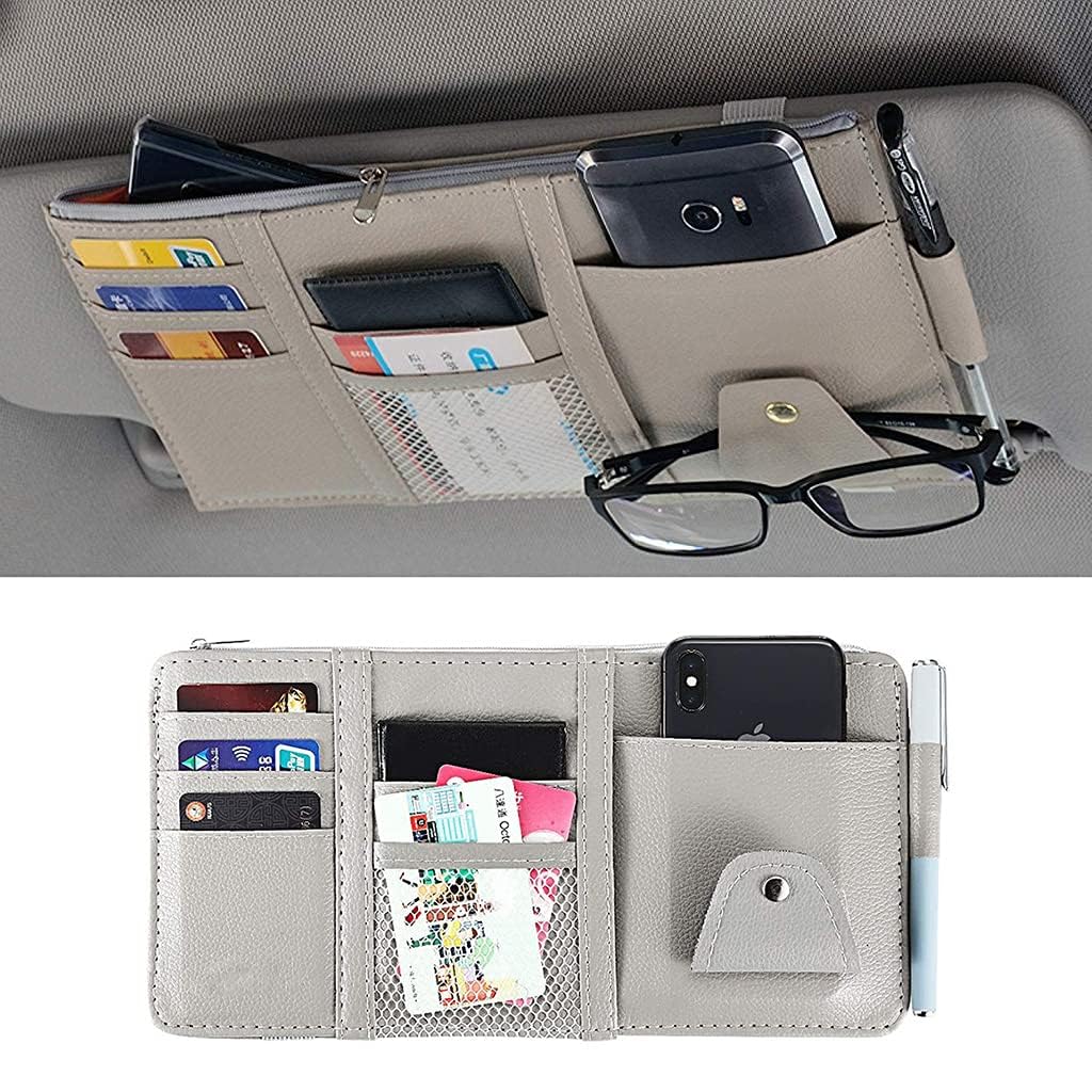 Car Accessories Car Sun Visor Organizer, Sunglass Pen Card Small Document Storage Pouch Holder, PU Leather, Multi-Pocket with Zipper Net (Grey)