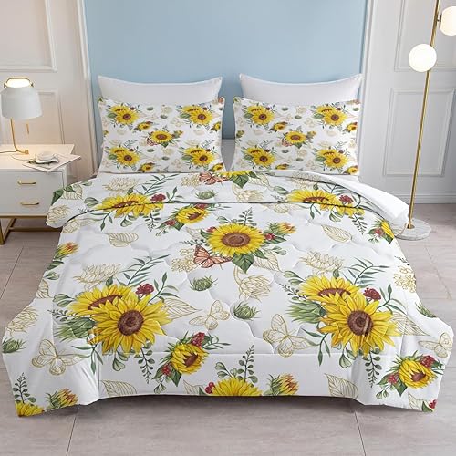 SOULZZZ Juego de ropa de cama de girasol, tamaño Queen, edredón amarillo de jardín de mariposas doradas con 2 fundas de almohada, decoración suave