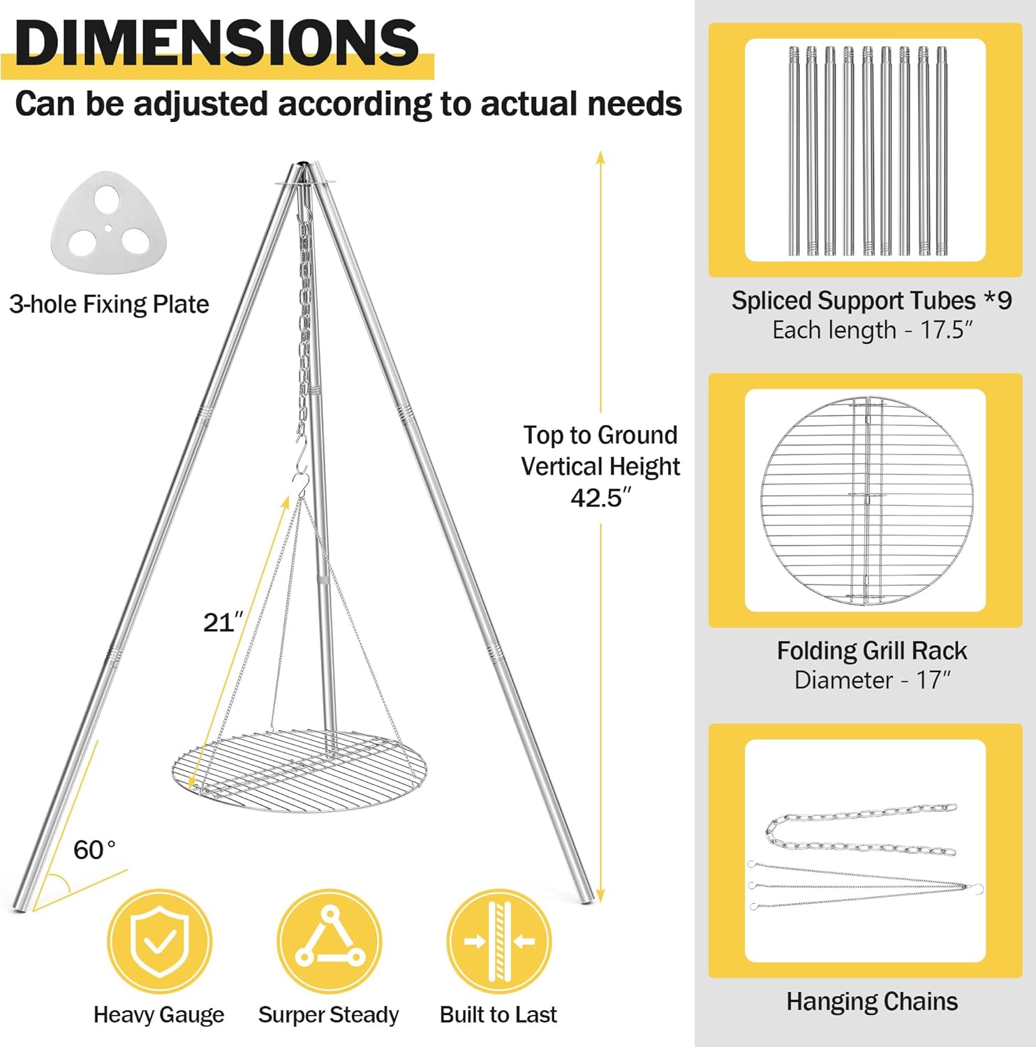 Joyfair Campfire Camping Tripod Grill Grate(17” Dia.), Heavy Duty Stainless Steel Openfire Tripod with Over Firepit Rack Camp Equipment, Adjustable Height Stand for Outdoor BBQ Cooking Grilling