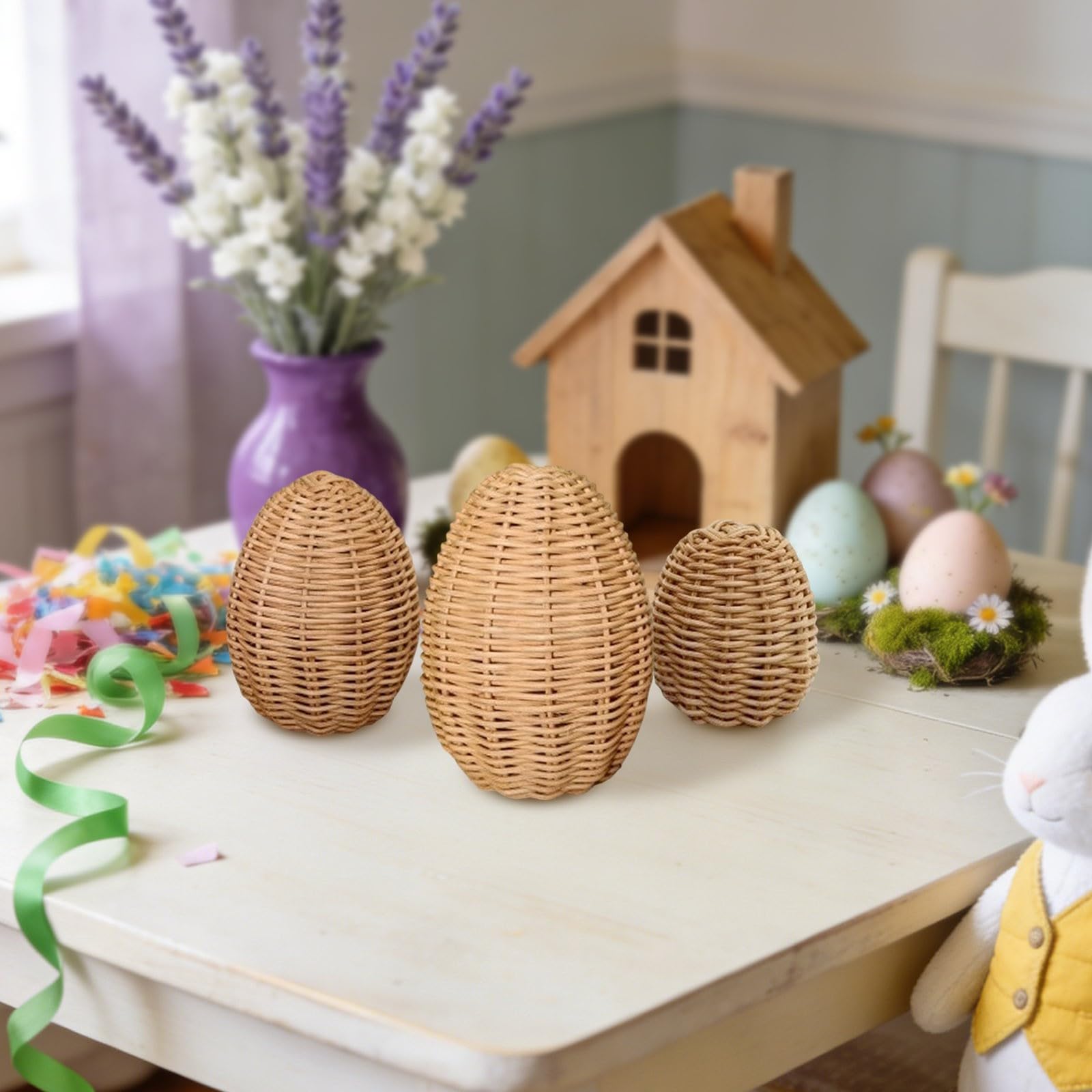 3 piezas de adorno de huevo de Pascua, huevos tejidos, escultura decorativa para mesa de vacaciones de Pascua 062021