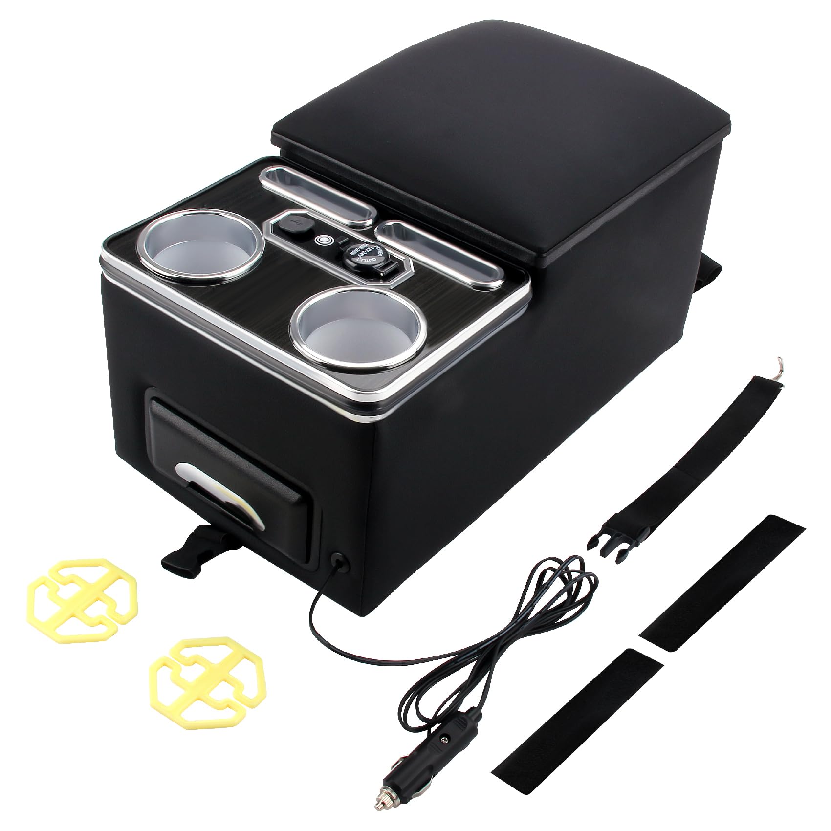 Godimg Universal Car Center Console Organizer with Storage/Cup Holders/USB Ports/7 LED Lights for Car Van SUV Back & Passenger Seat