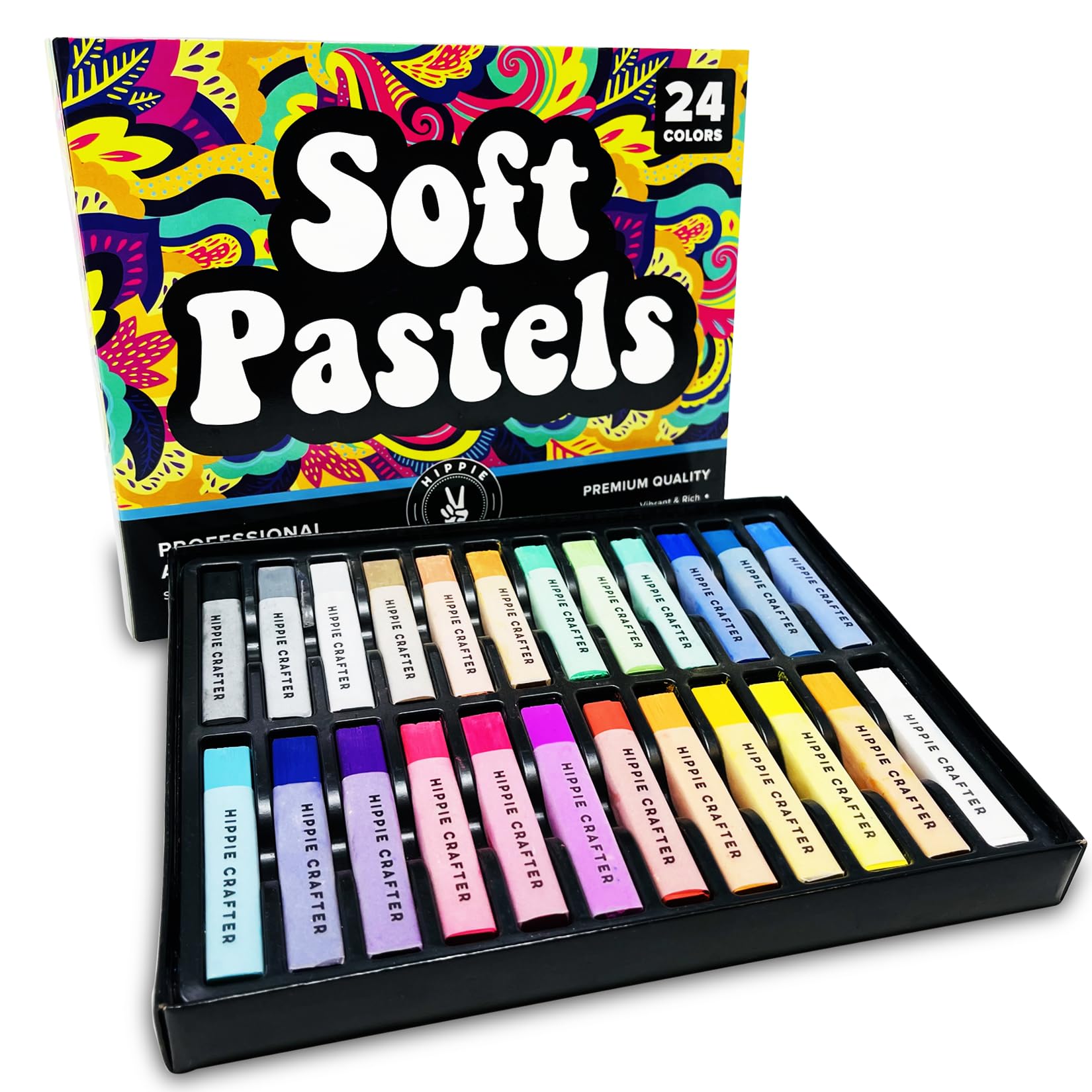 HIPPIE CRAFTER Art Supplies Set of 24 Soft Chalk Pastels, Non-Toxic, Oil-Free, Assorted Colors, Blendable, for Adults, Includes Storage Case