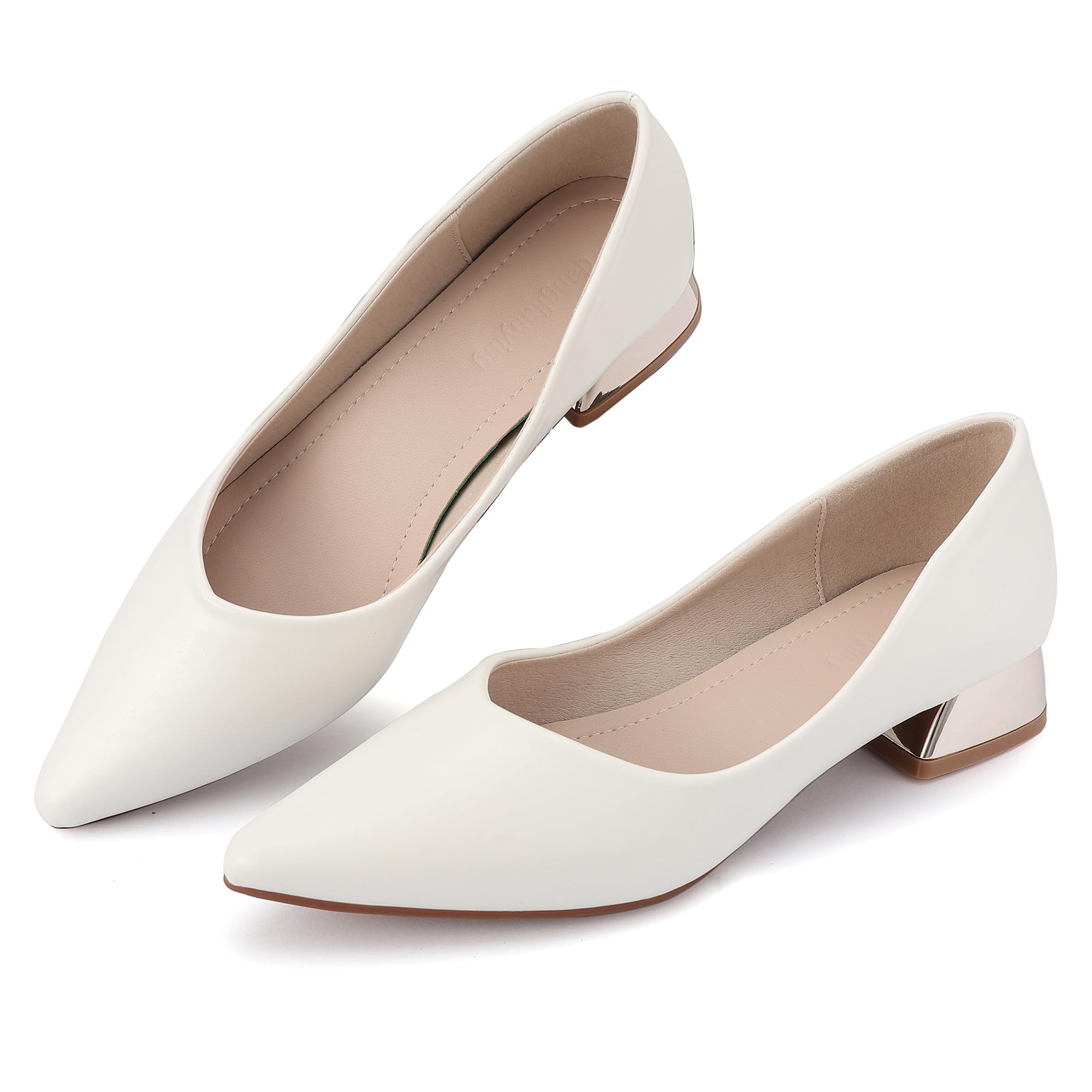 White Pumps Low Heel Women's Chunky Closed Toe Low Block Heels