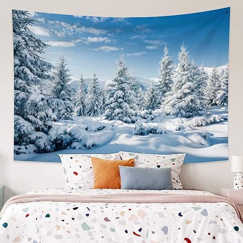 Miniatura 2 de Arrebolart Tapiz de bosque de invierno para colgar en la pared, pinos en tapiz nevado, tapiz de paisaje de Feliz Navidad, arte de pared para niños,