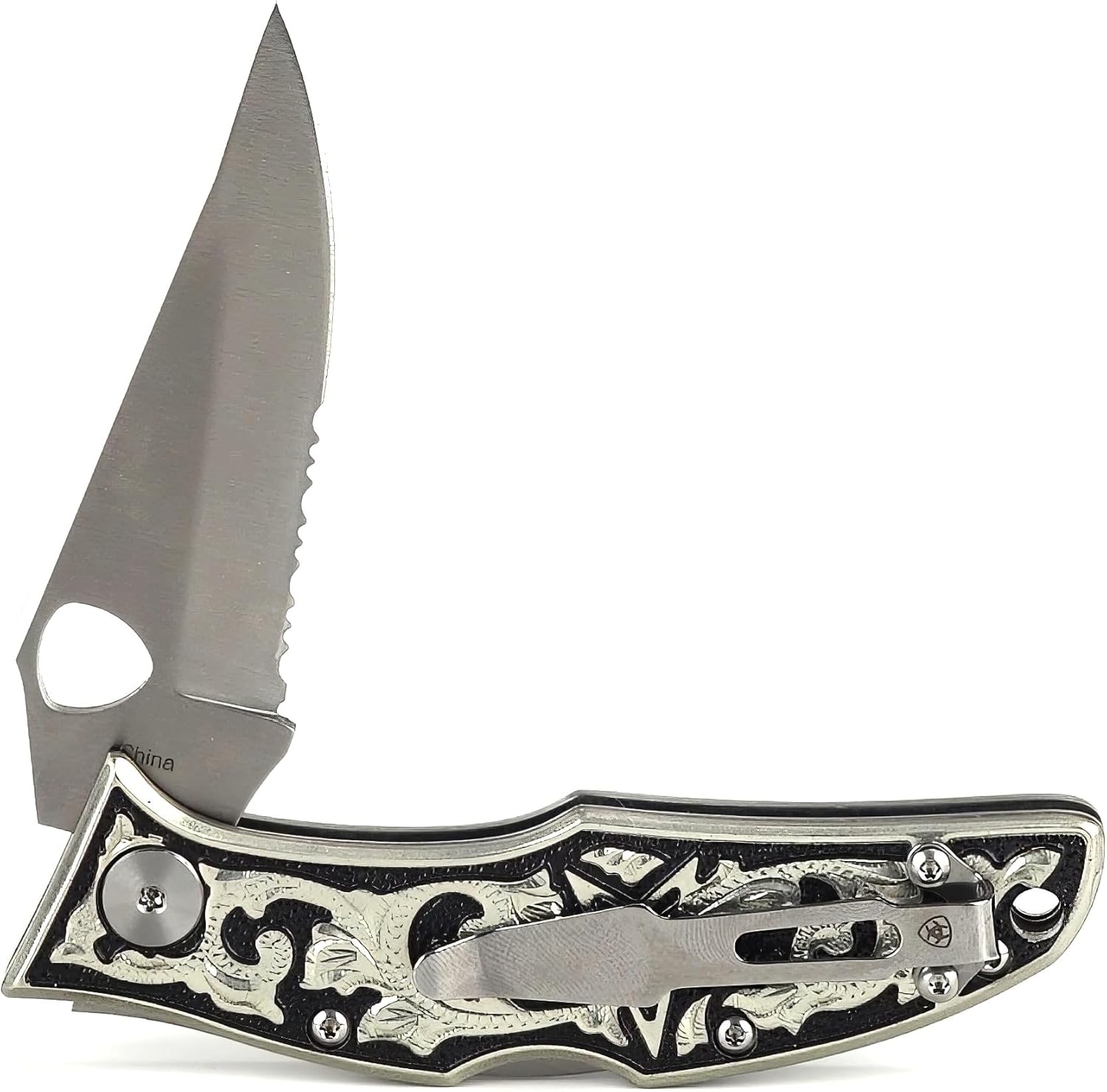 ARIAT Medium German Silver Folding Knife, Black/Silver Handle - Engraved Western Design