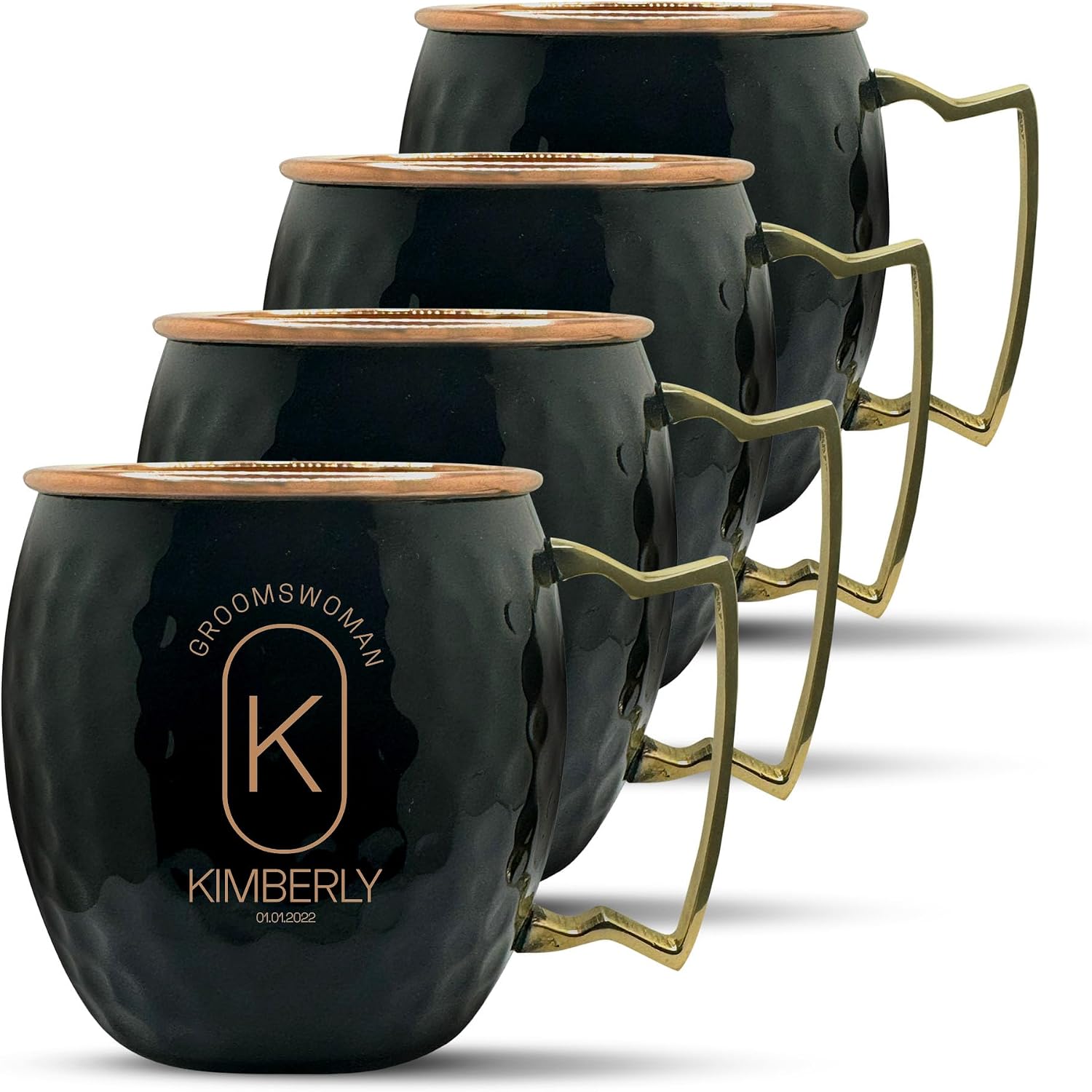 Custom 100% Copper Moscow Mule with Hammered Painted Finish - Engraved Bar Style Cup with Personalized Groomswomen Monogram Oval Border Themed Engraving, Brass Handle | 18 oz, Black | Set of 4