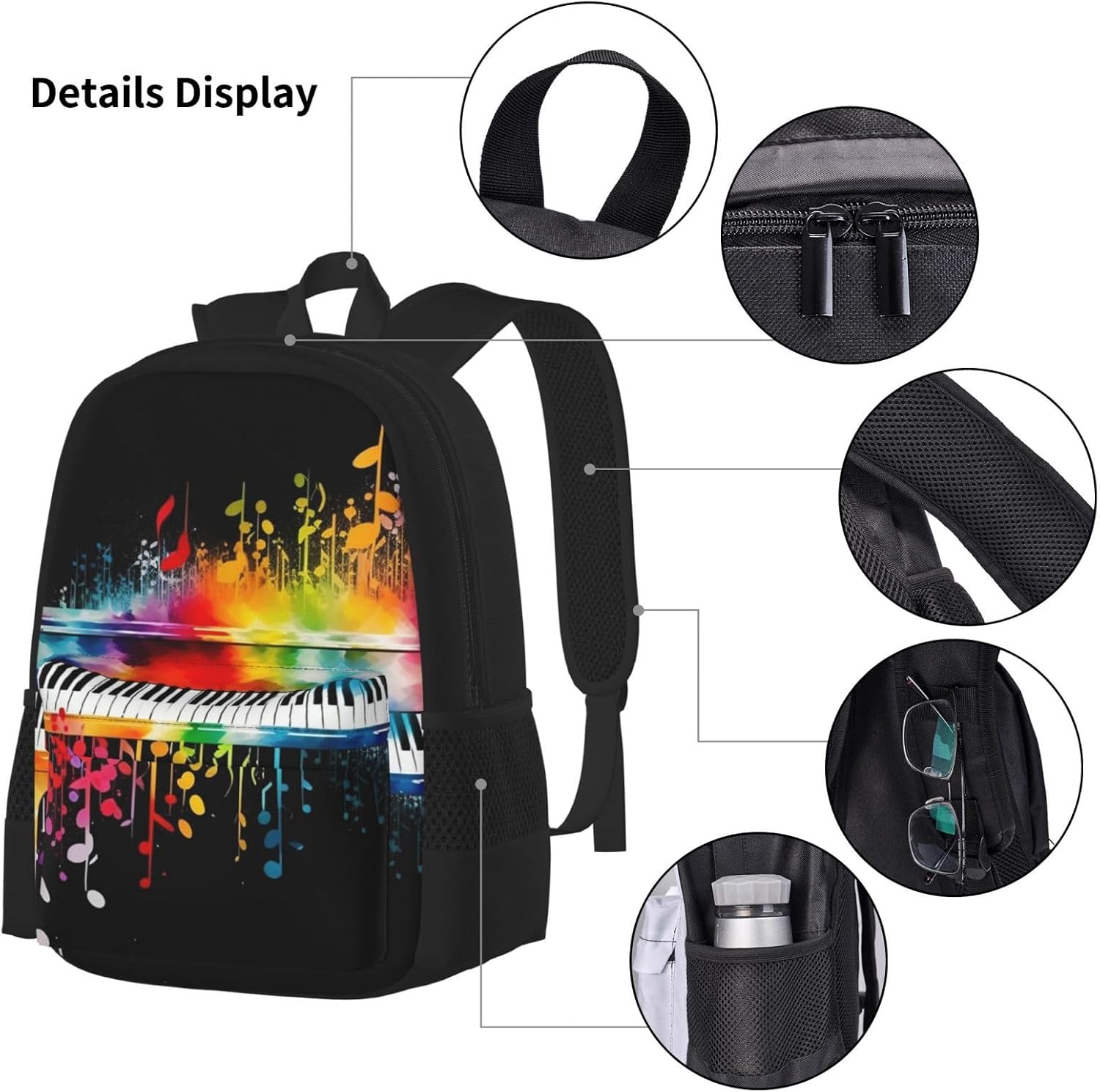3PCS Colorful Piano Keyboard Music Note Backpack Sets with Insulated Lunch Bag Pencil Case, 17inch Lightweight Laptop Backpack Shoulder Lunch Box and Pencil Bag for Women Men Travel Bags image 4